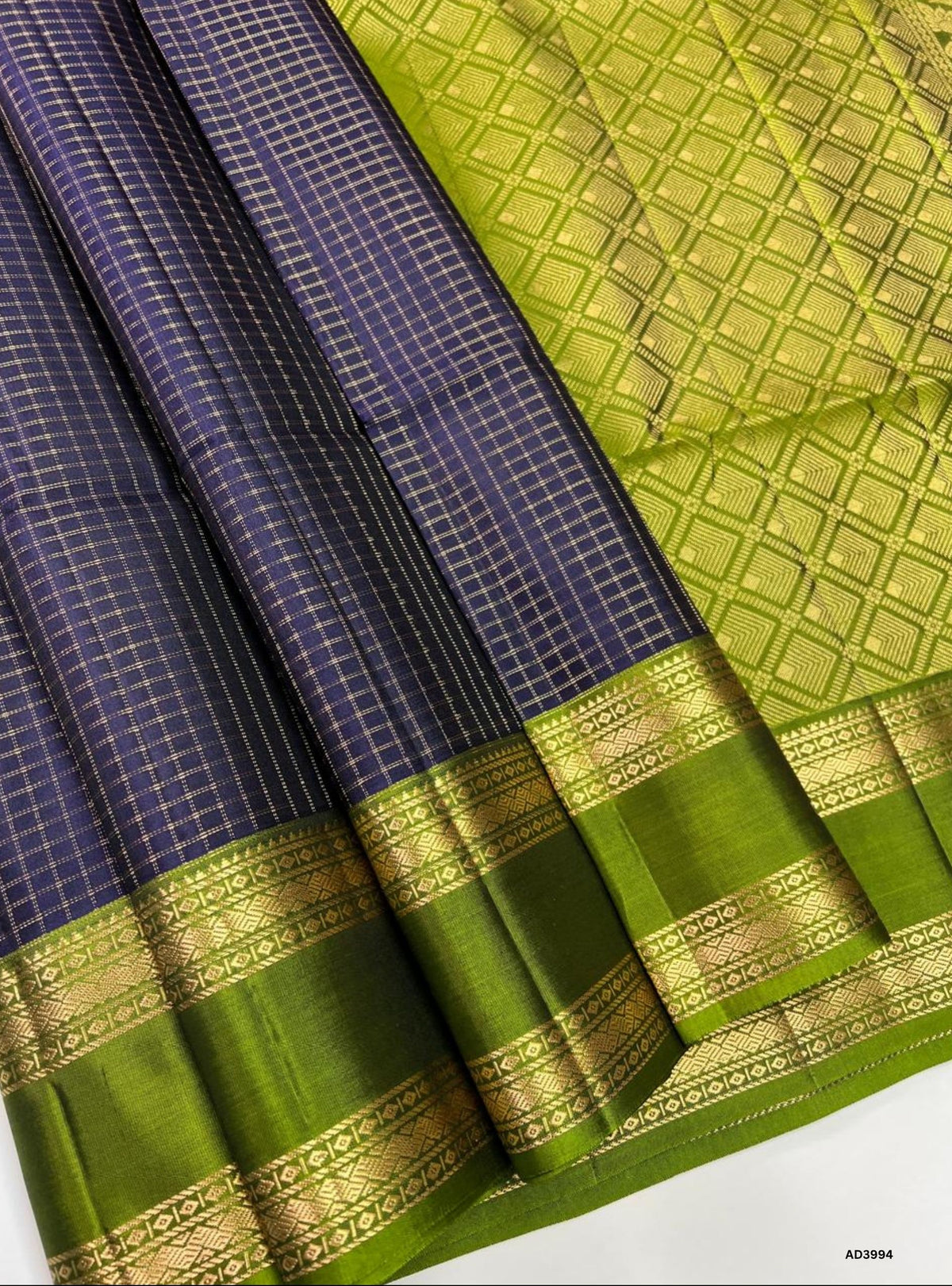 Navy Blue & Olive Green - Checkerd Retta Pet Saree