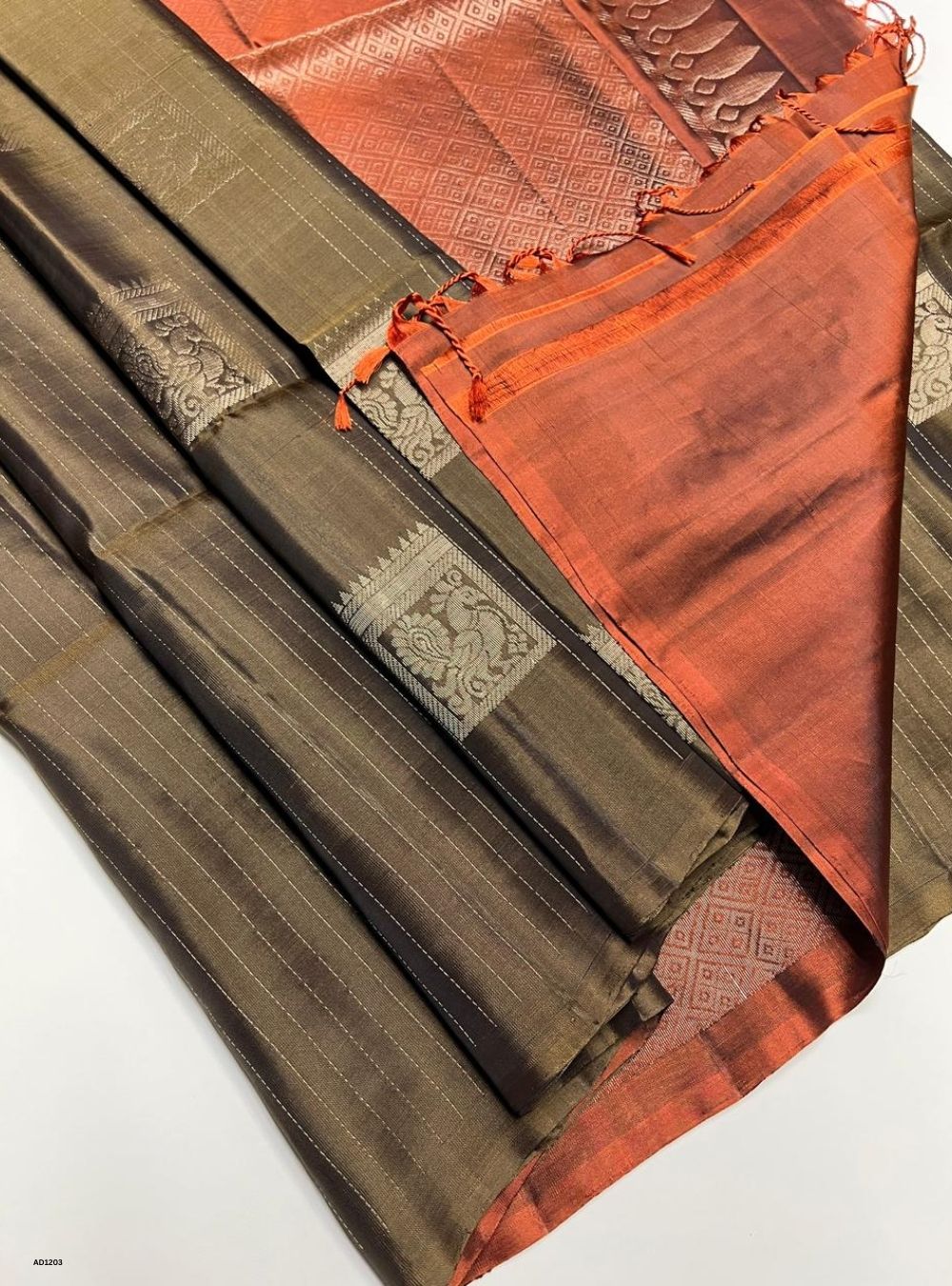Olive Green & Burnt Orange - Soft Silk Saree