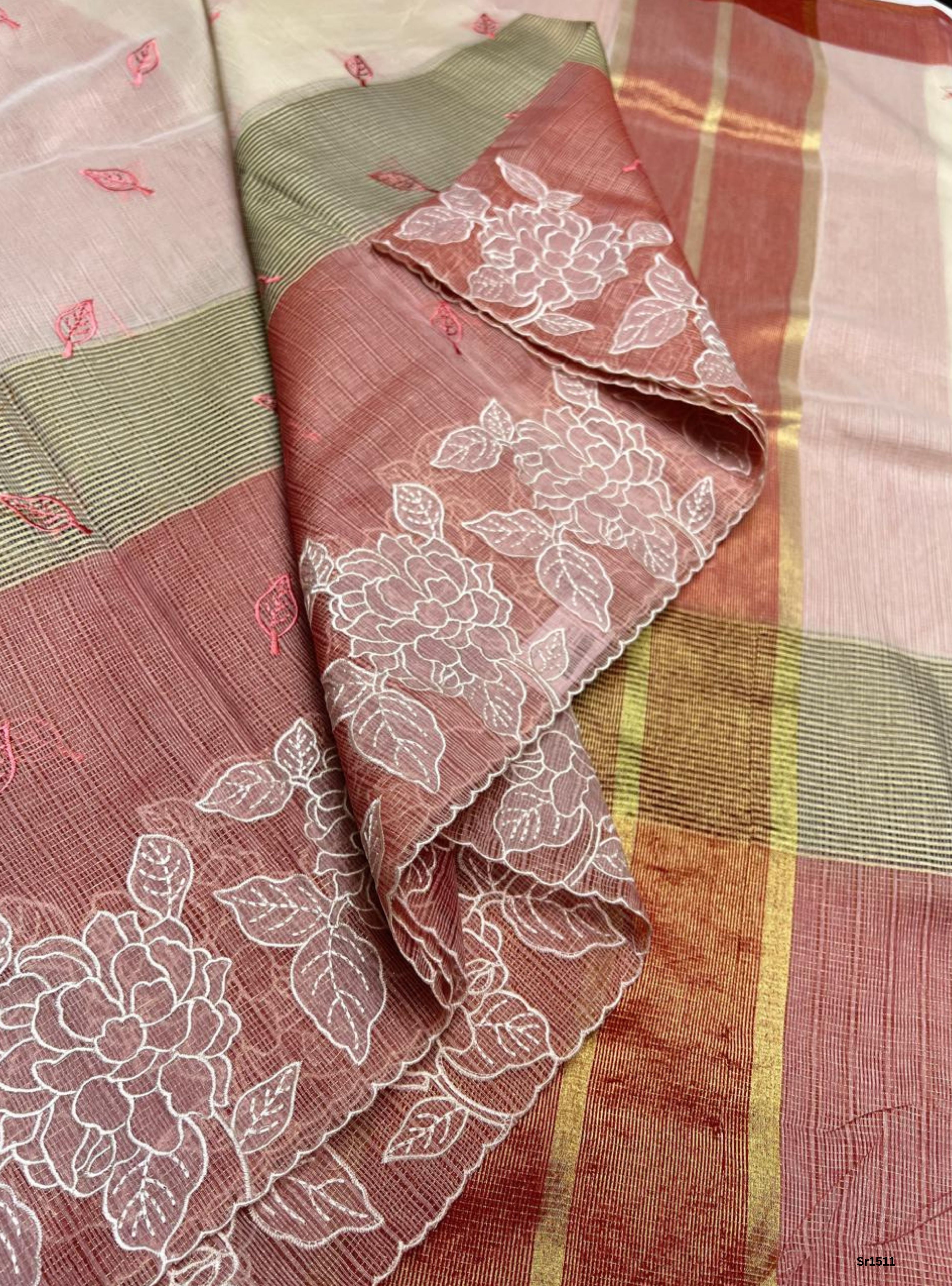 Cream & Red - Kota Applique Work Saree