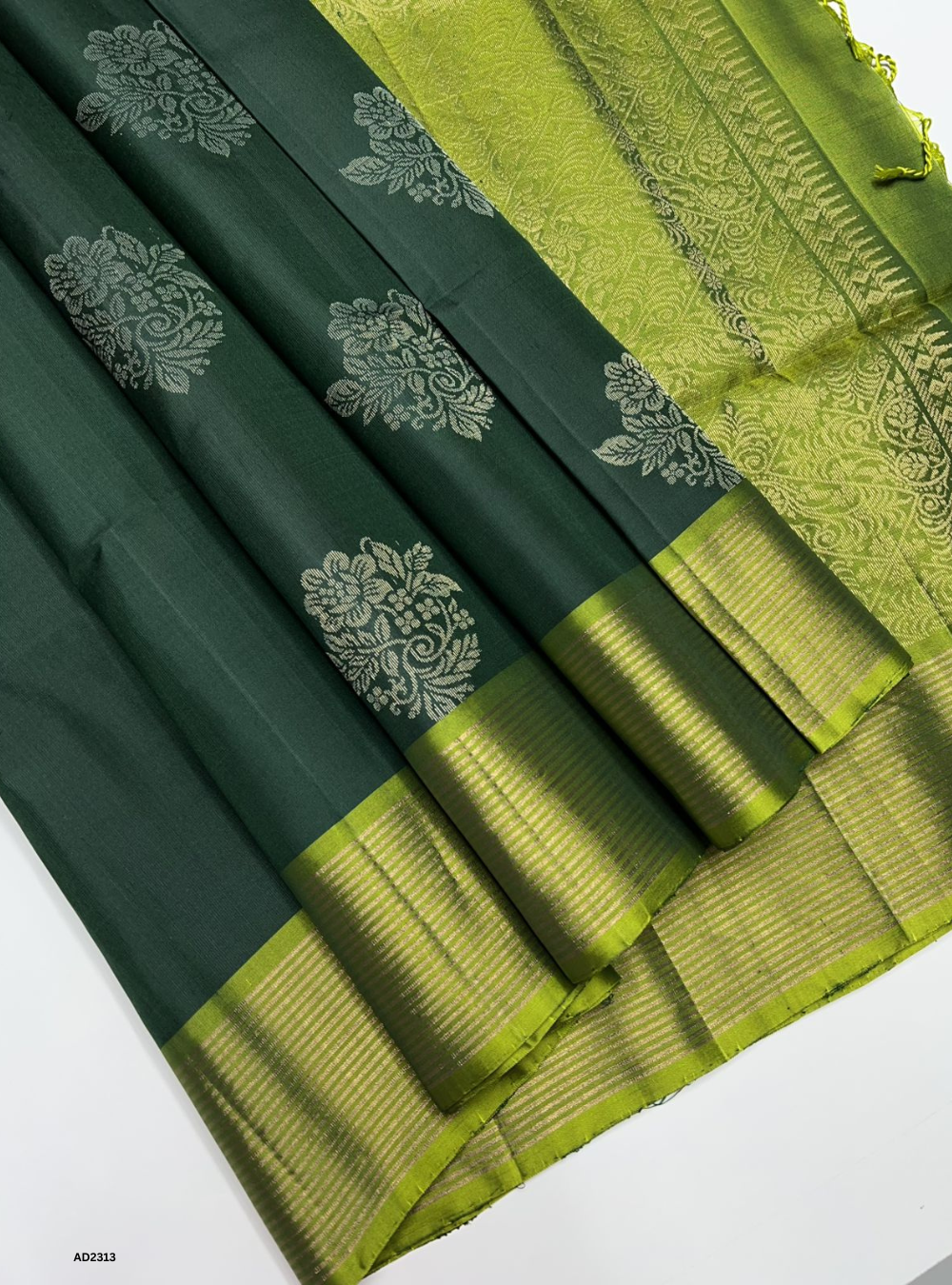 Bottle Green & Lime Green - Soft Silk Saree