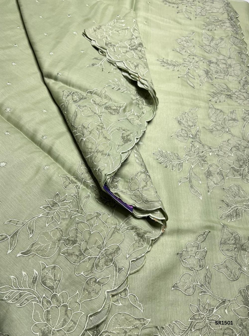 Sage Green  - Applique Semi Tussar Saree