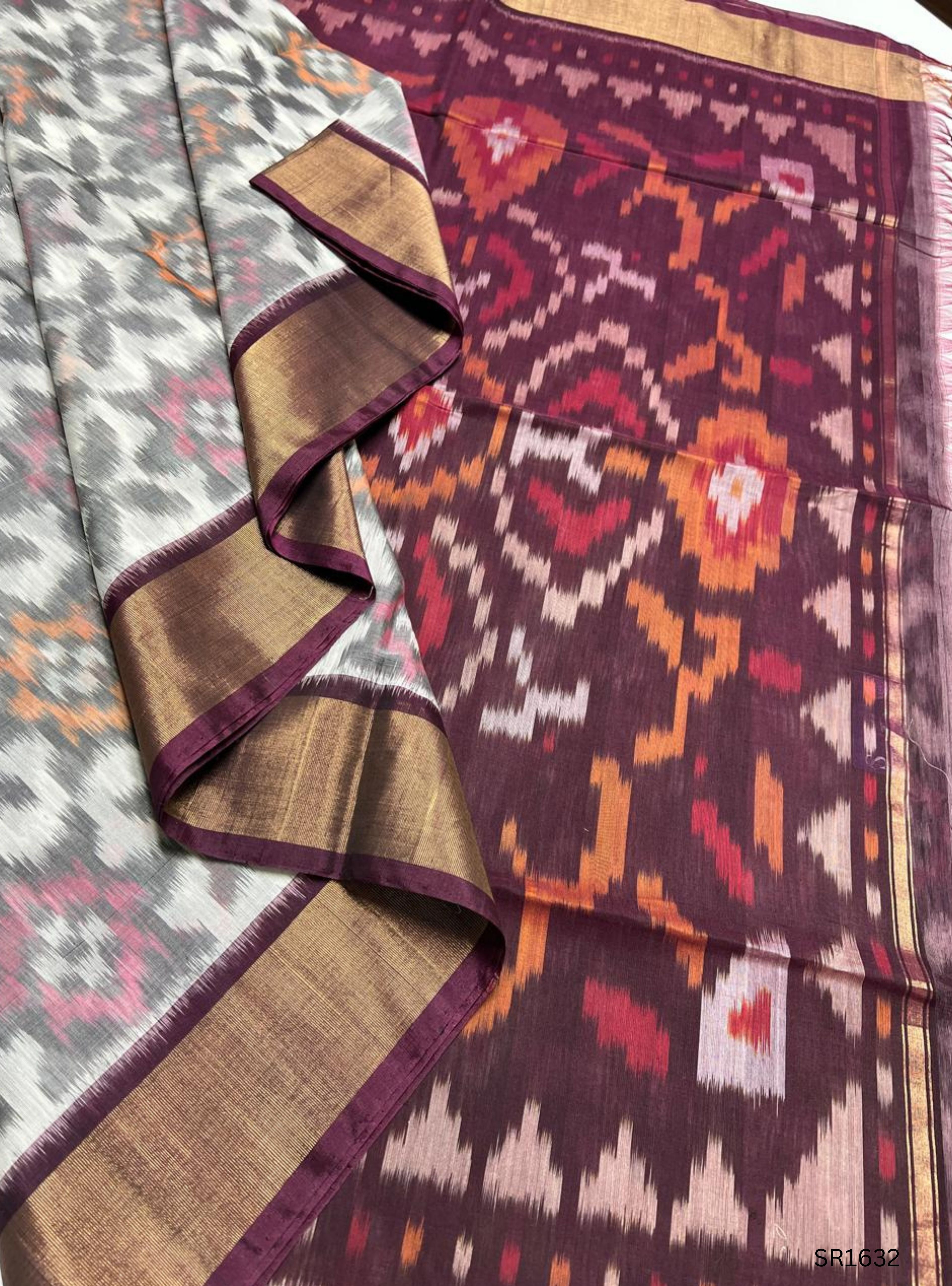 White , Black & Plum - Ikkat Kora Cotton Saree