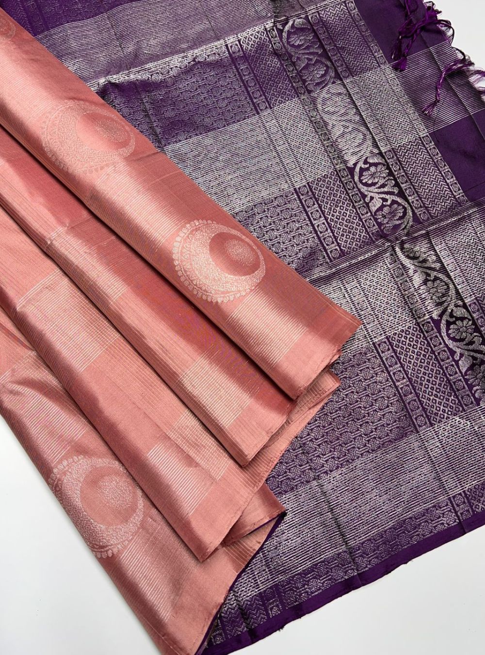 Cream Pink  & Purple - Soft Silk Saree
