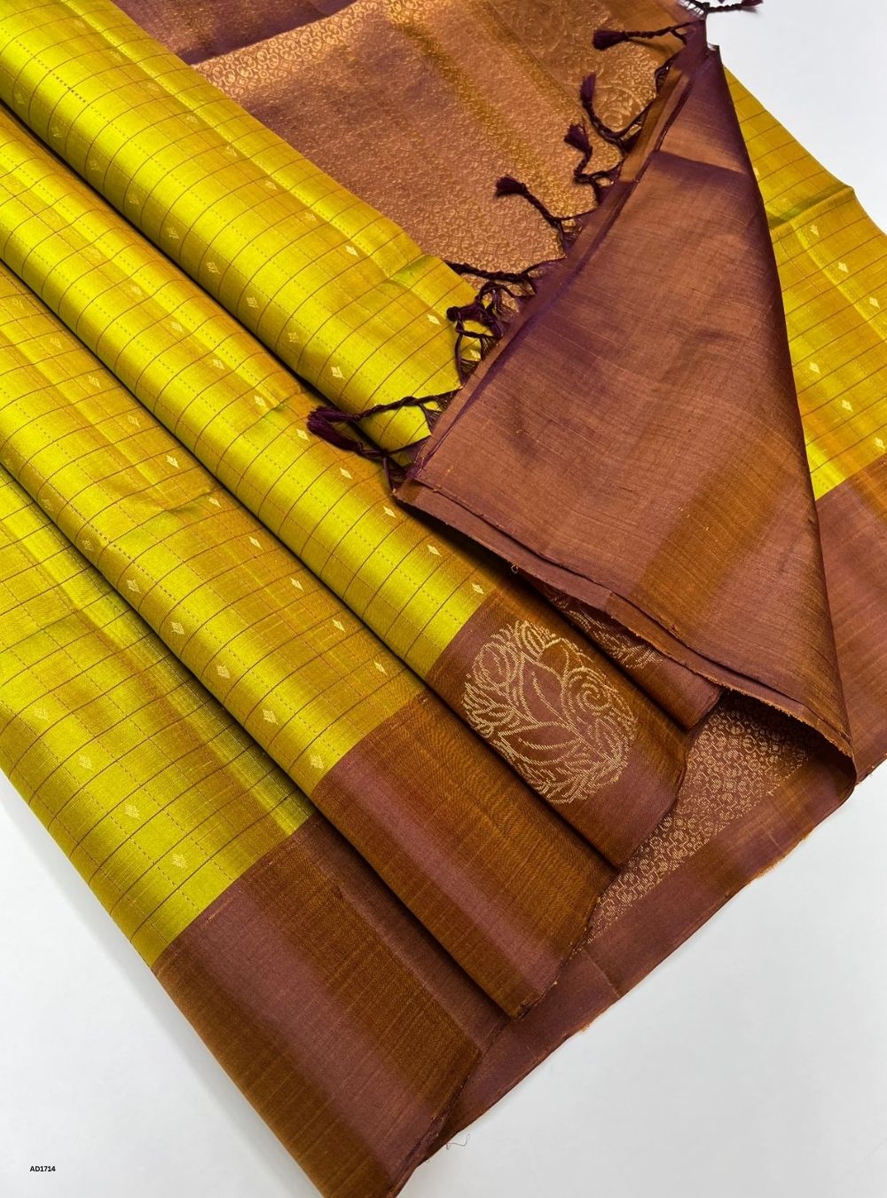 Chartreuse Green & Brown - Soft Silk Saree