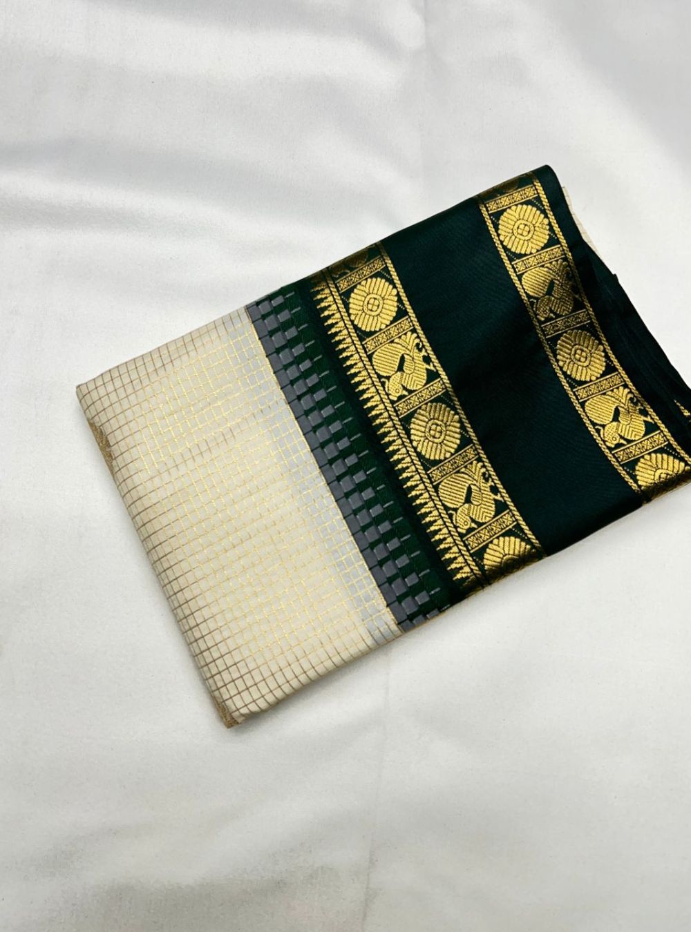 Cream & Bottle Green - Vegan Silk Saree