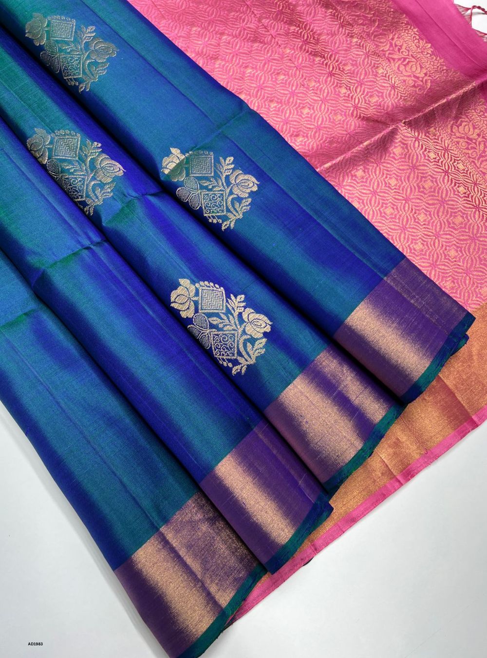 Peacock Blue & Baby Pink - Soft Silk Saree