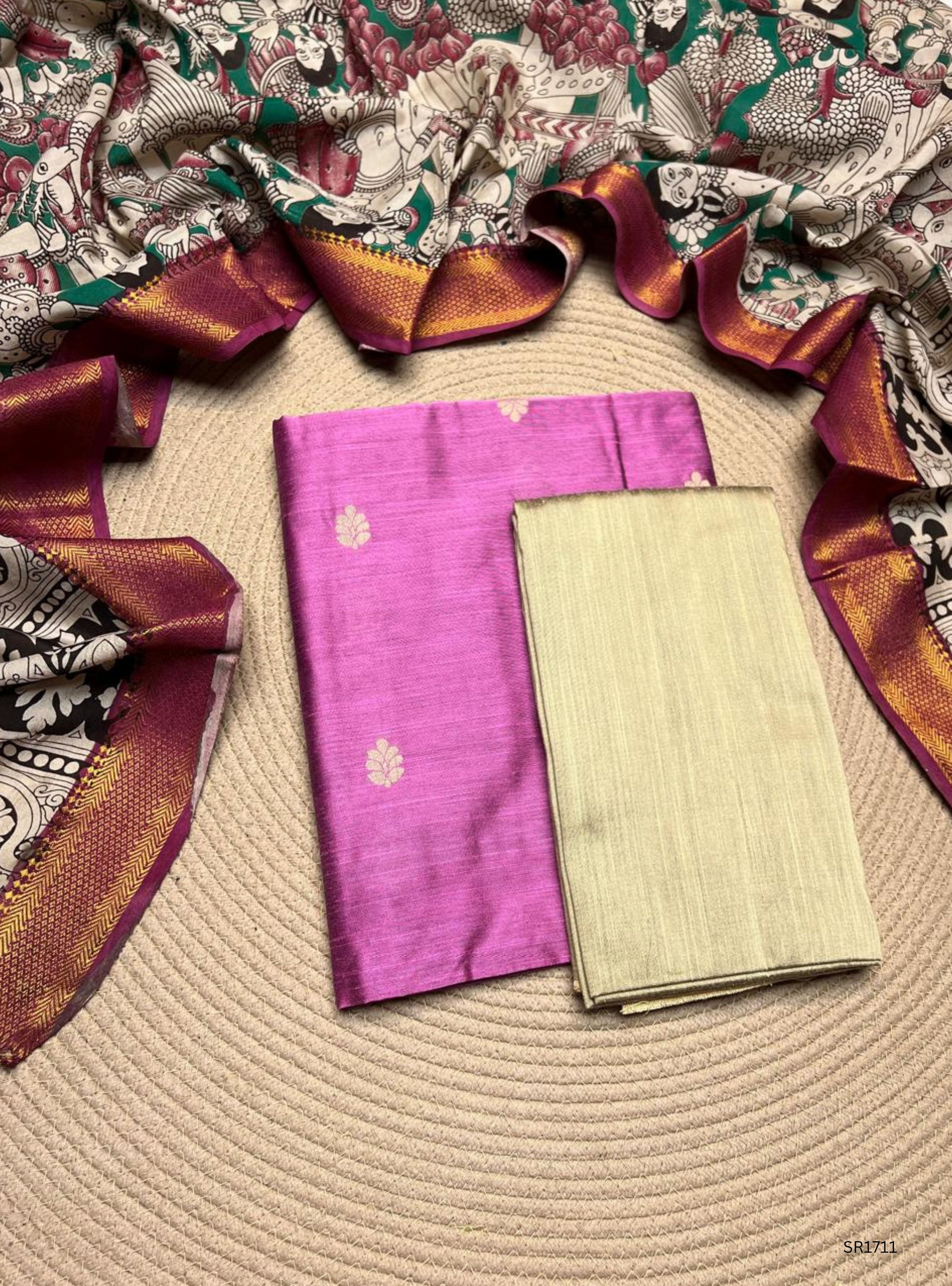 Pink - Raw Silk X Kalamkari Unstiched Suit 3 Pc Set