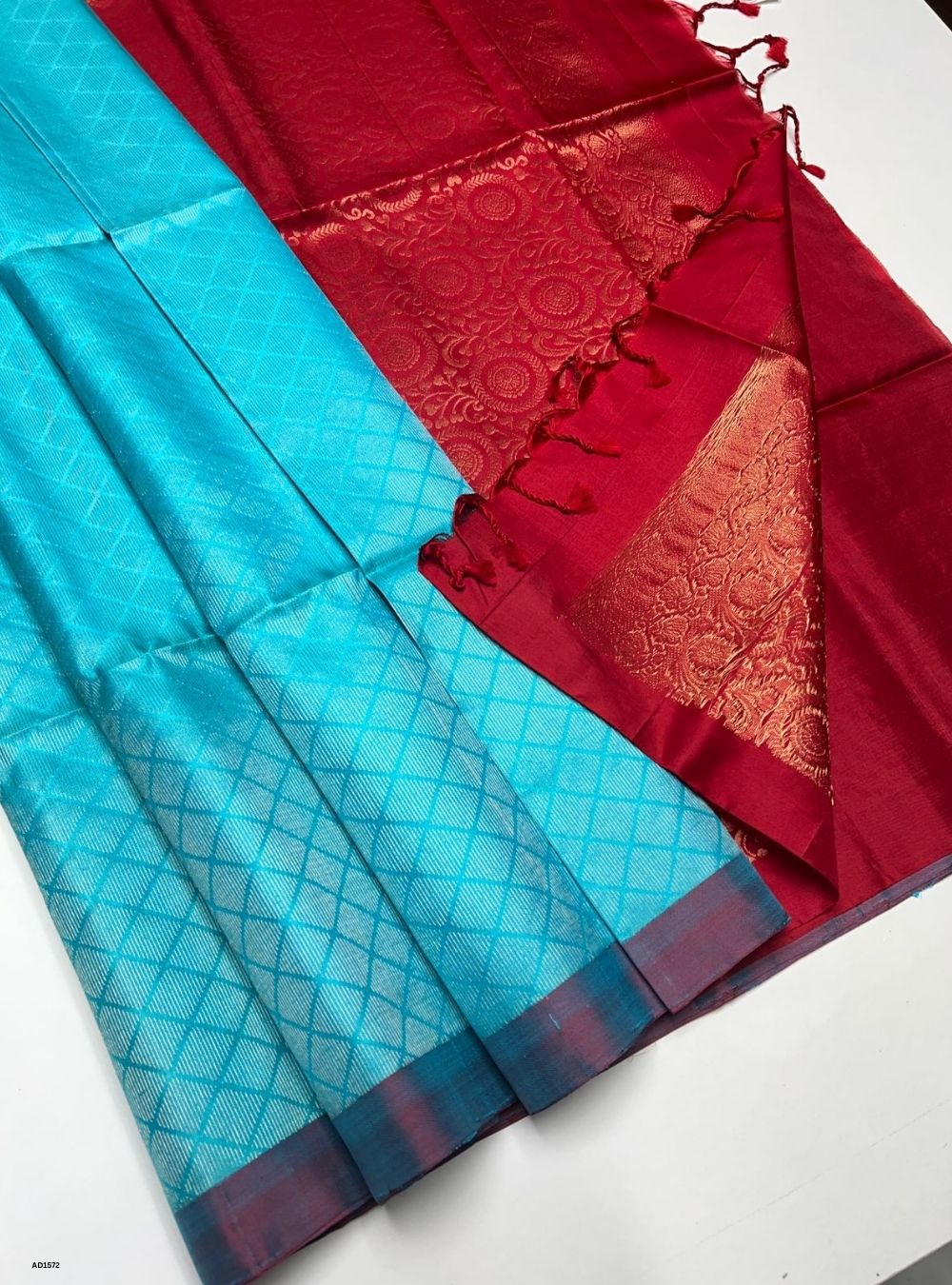 Sky Blue & Red -  Soft Silk Saree