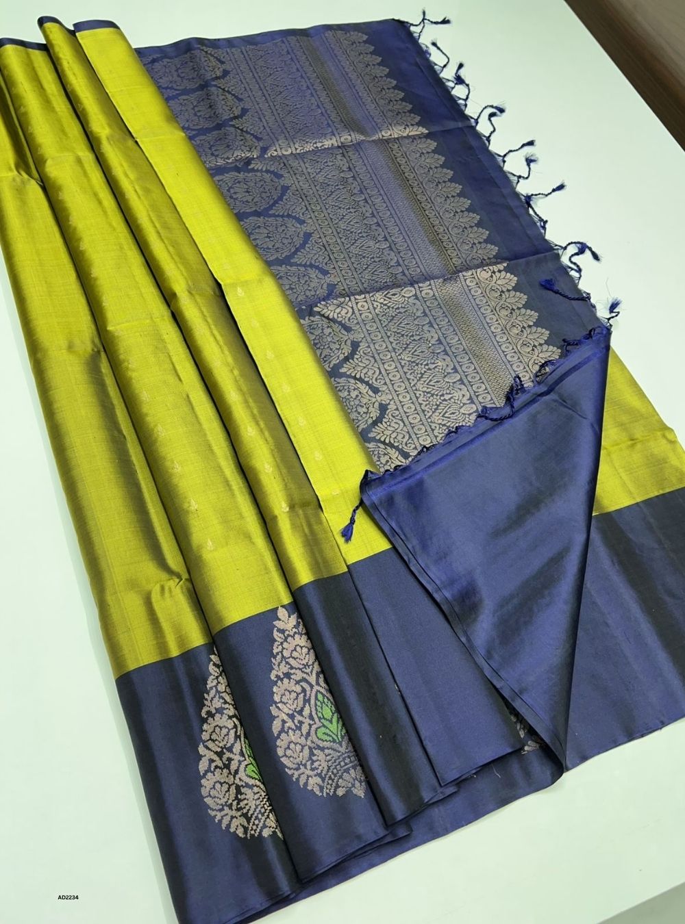 Lime Green & Navy - Soft Silk Saree