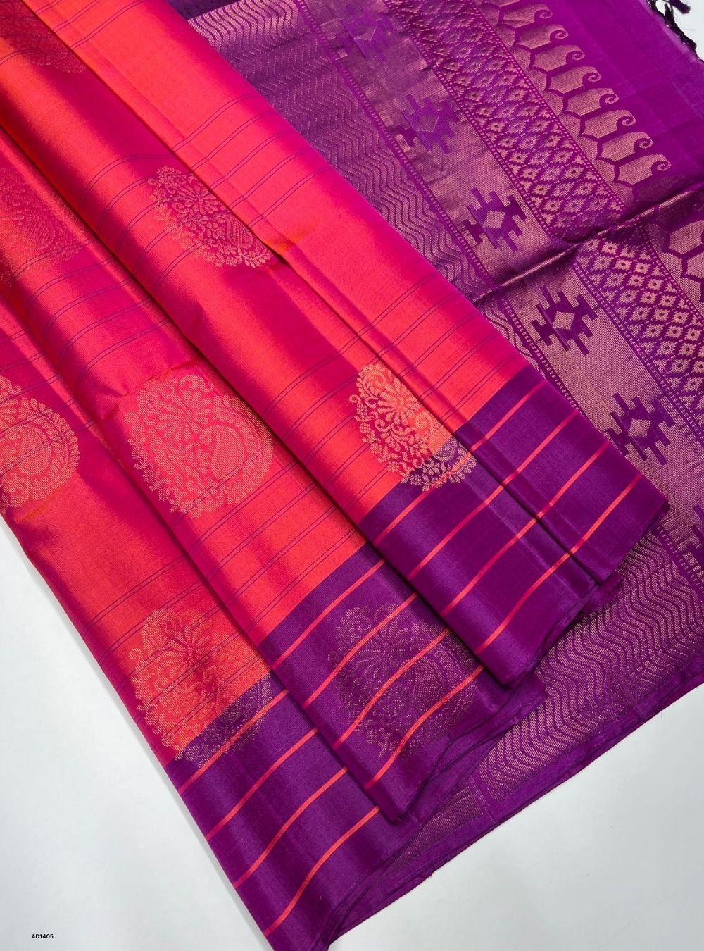 Orangish Pink & Purple - Soft Silk Saree