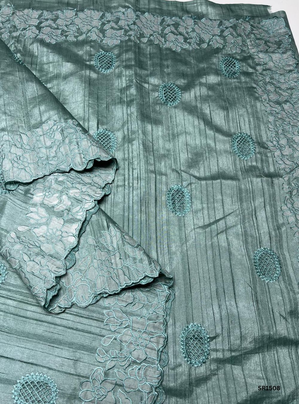 Sage Green - Semi Tussar Applique Cut Work Saree