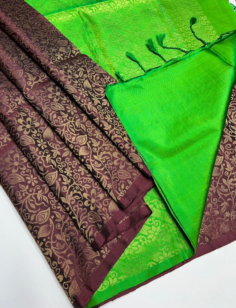 Coffee Brown & Green - Soft Silk Saree