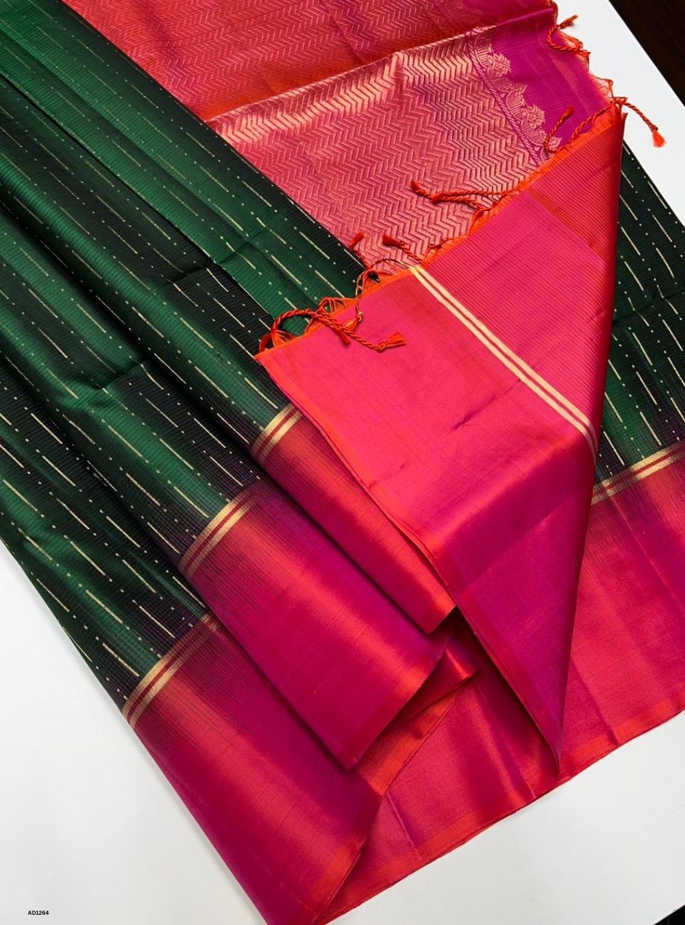 Bottle Green & Orangish Pink -  Soft Silk Saree