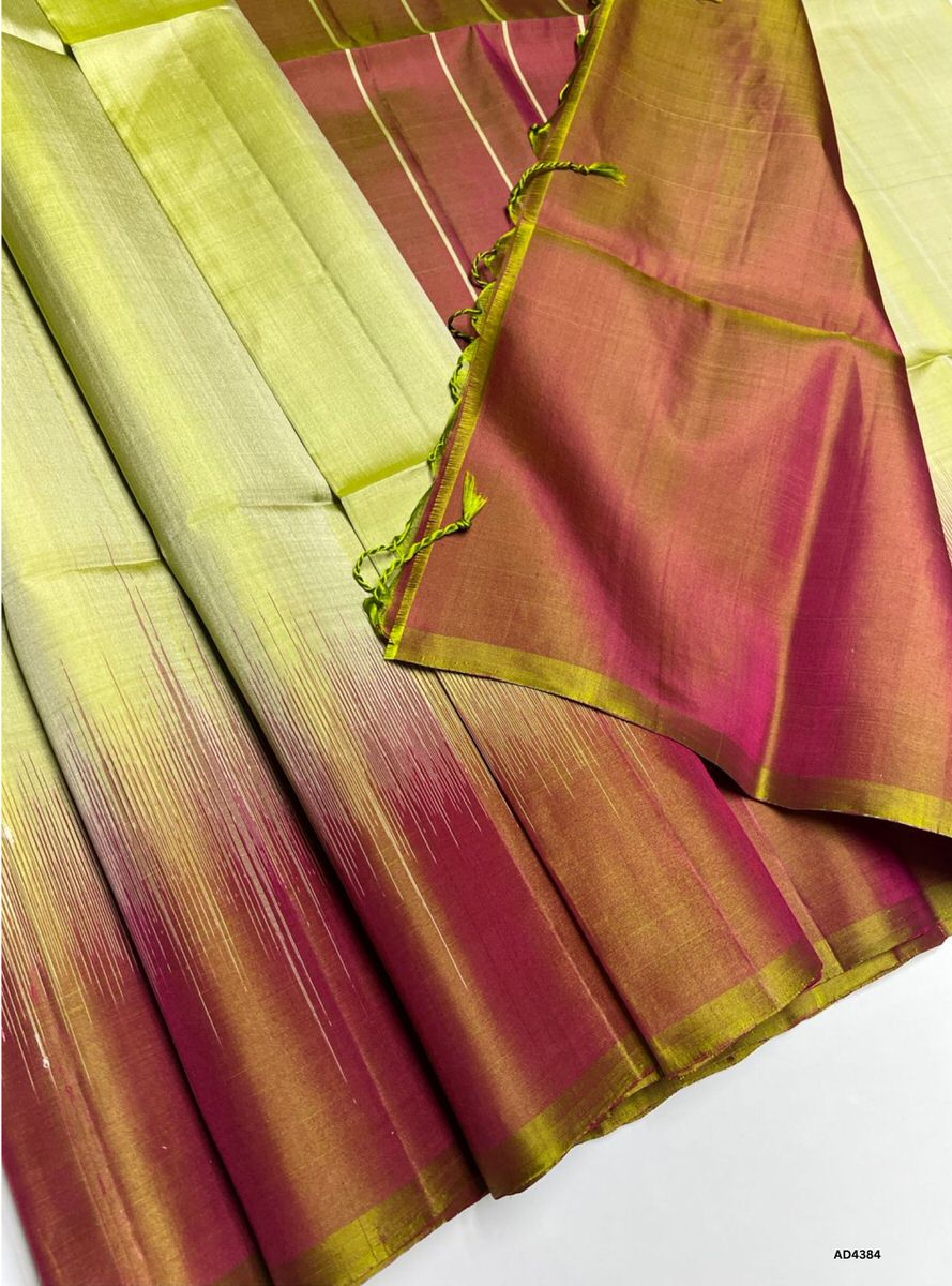 Pale Olive Green & Dual Tone Pink - Contrast Plain Soft Silk Saree