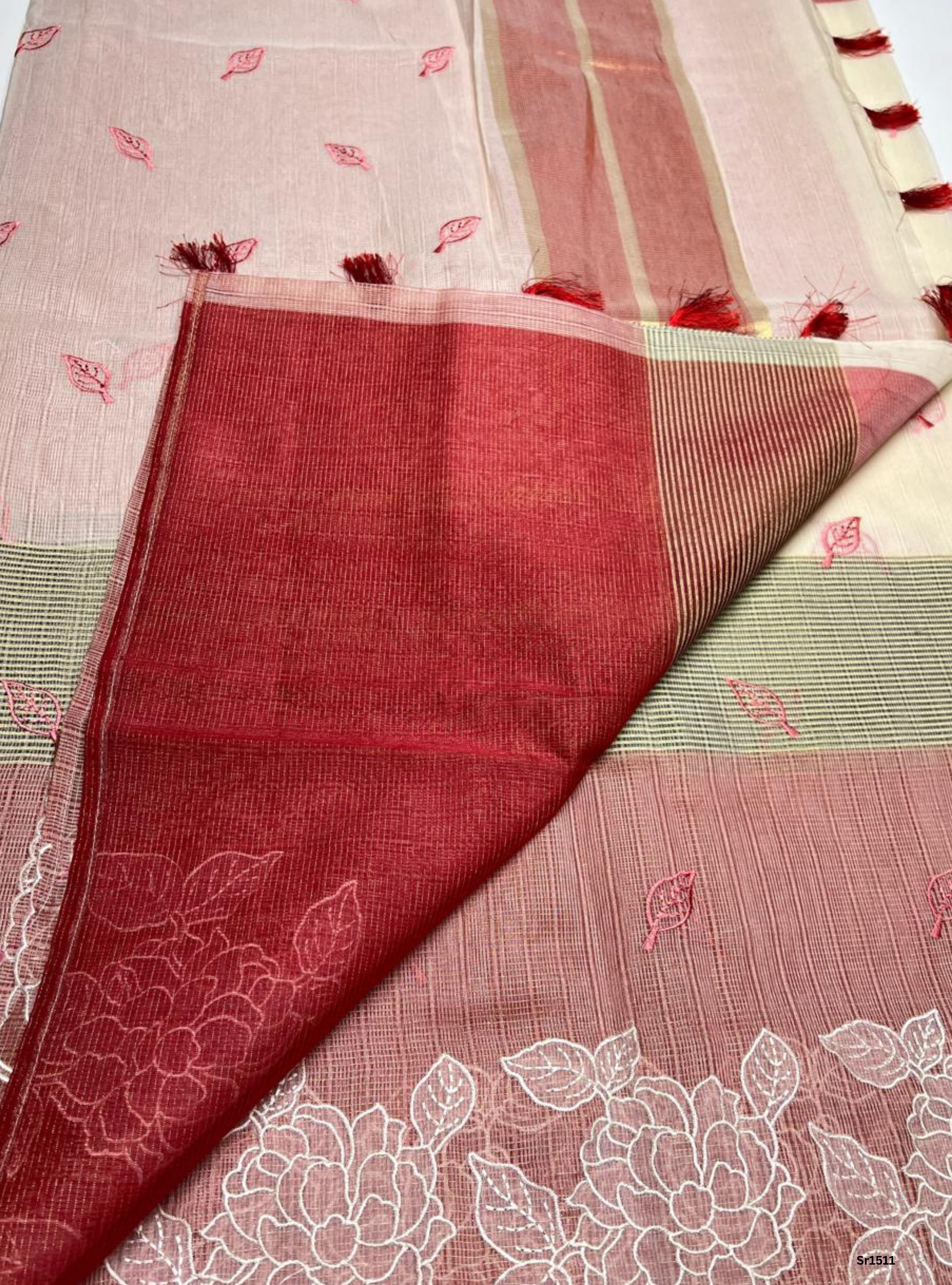 Cream & Red - Kota Applique Work Saree