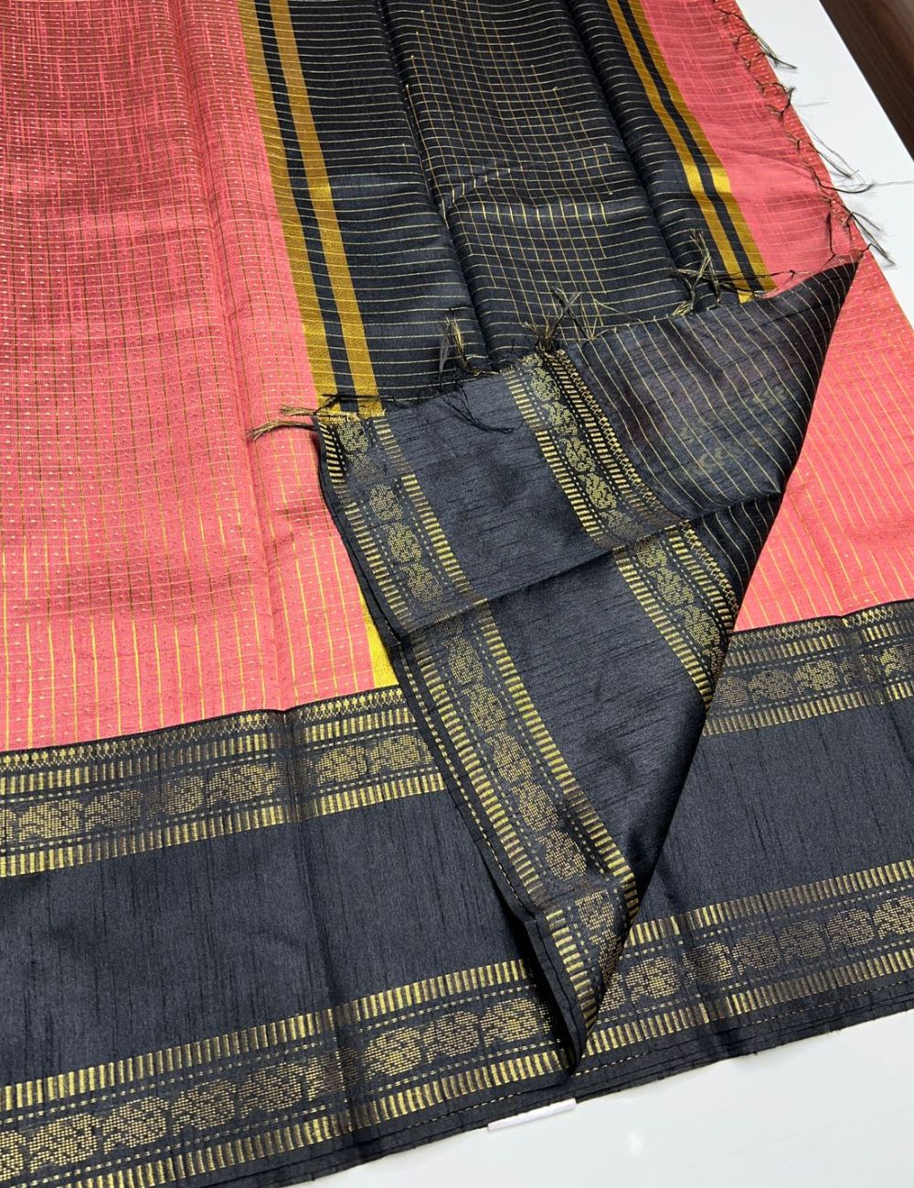 Rose Pink & Black -  Raw Silk