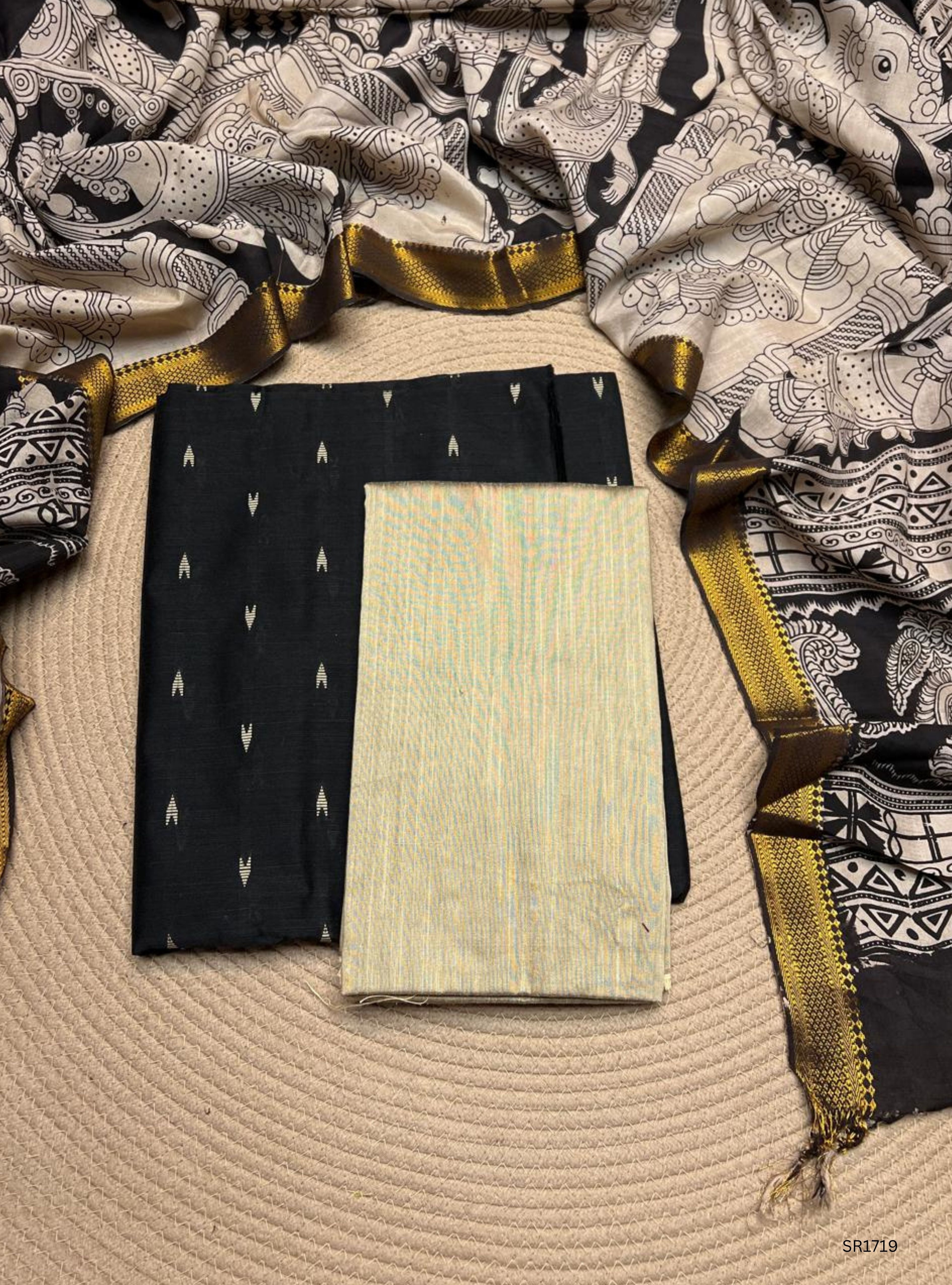 Black - Raw Silk X Kalamkari Unstiched Suit 3 Pc Set