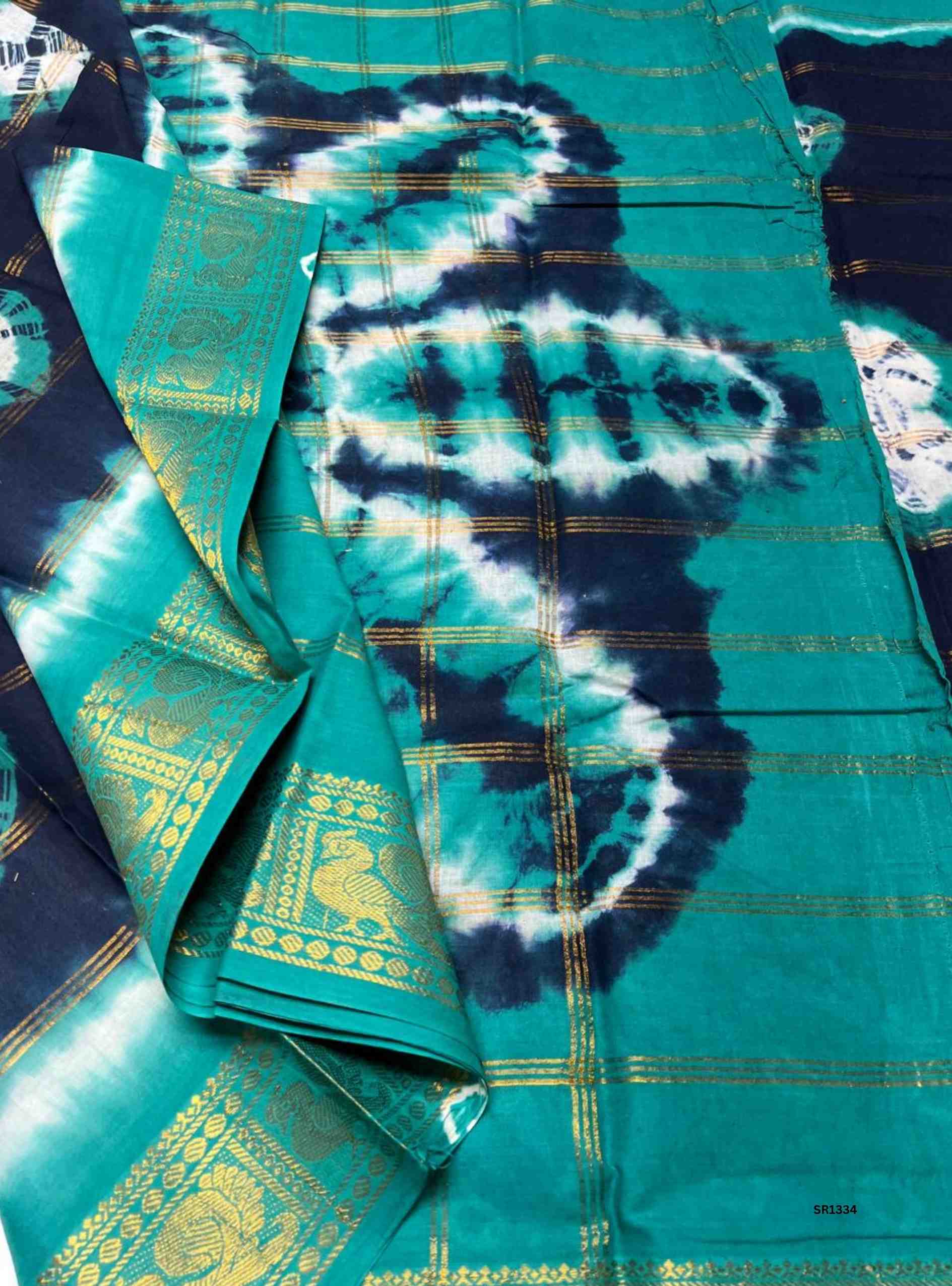 Navy Blue & Rama Green - Velthaari X Bandhini Cotton Saree