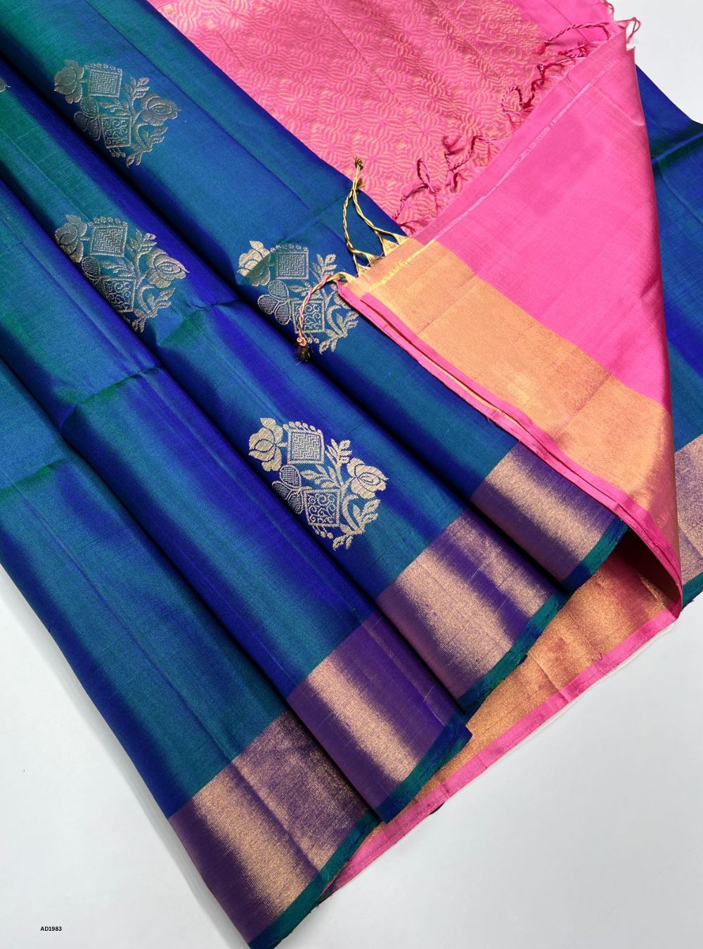 Peacock Blue & Baby Pink - Soft Silk Saree