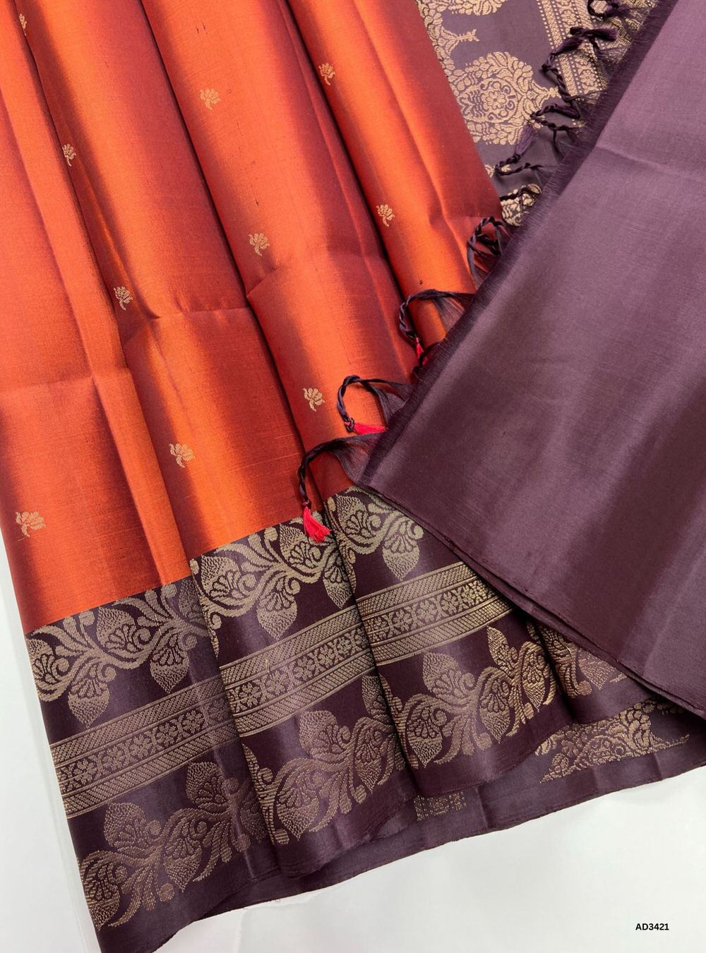 Rust Orange & Coffee Brown - Soft Silk Saree