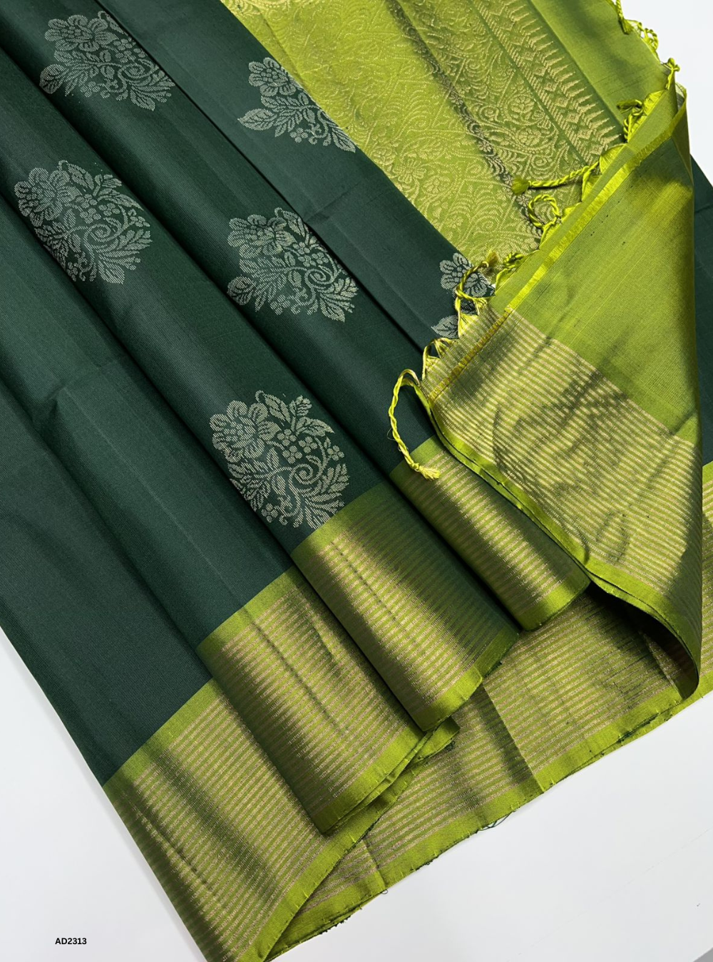Bottle Green & Lime Green - Soft Silk Saree