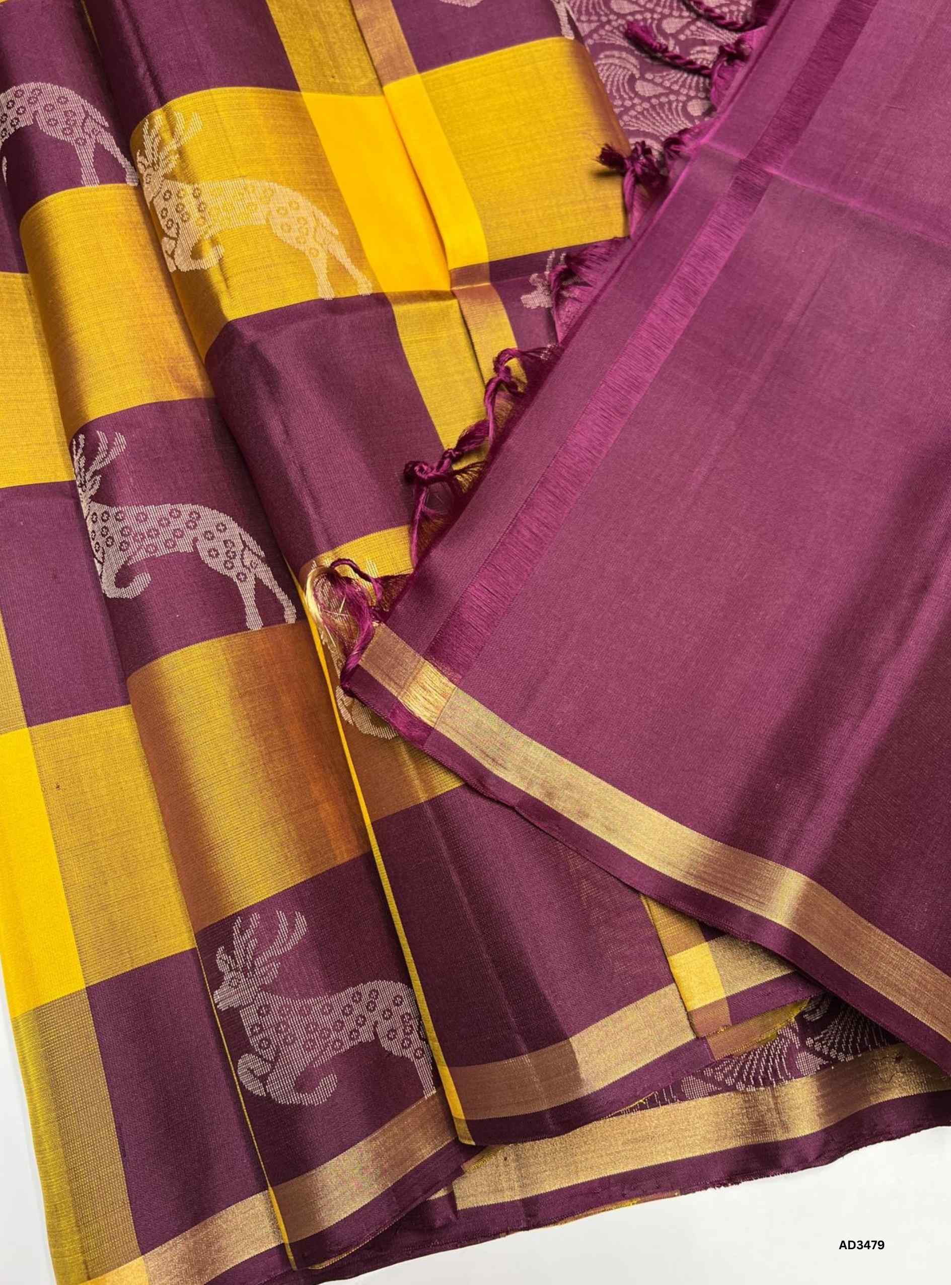 Yellow & Wine - Soft Silk Saree