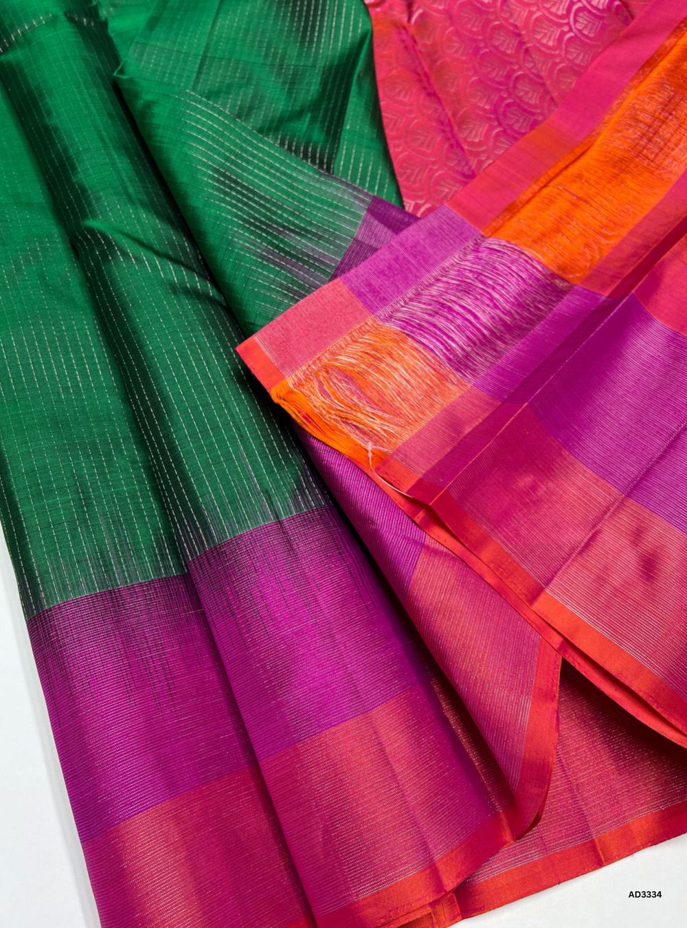Green, Pink & Orangish Pink - Soft Silk Saree