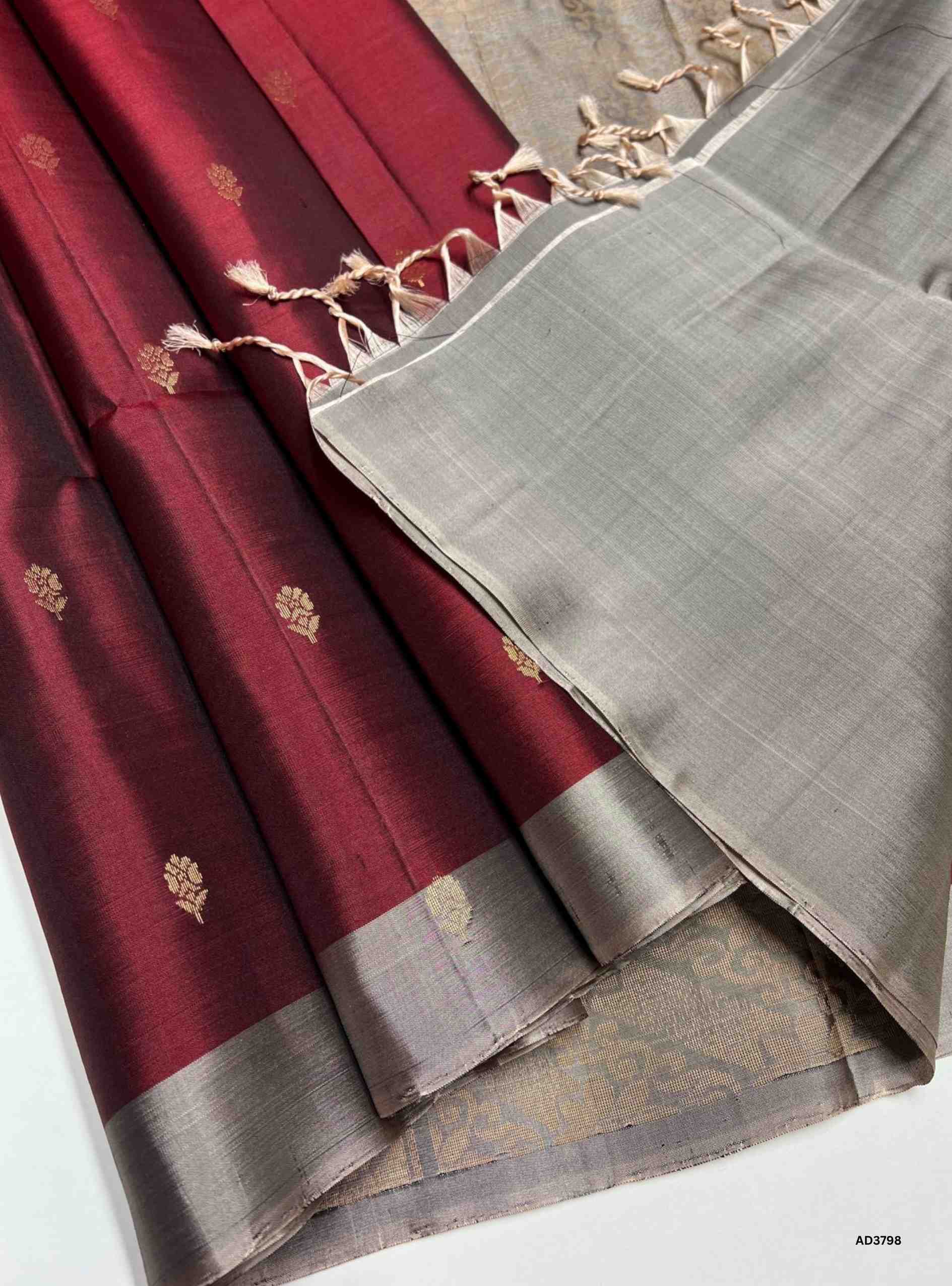 Marron & Grey - Soft Silk Saree
