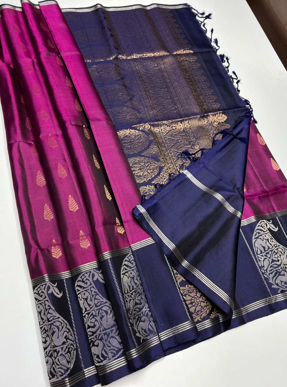 Dark Magenta & Navy - Soft Silk Saree