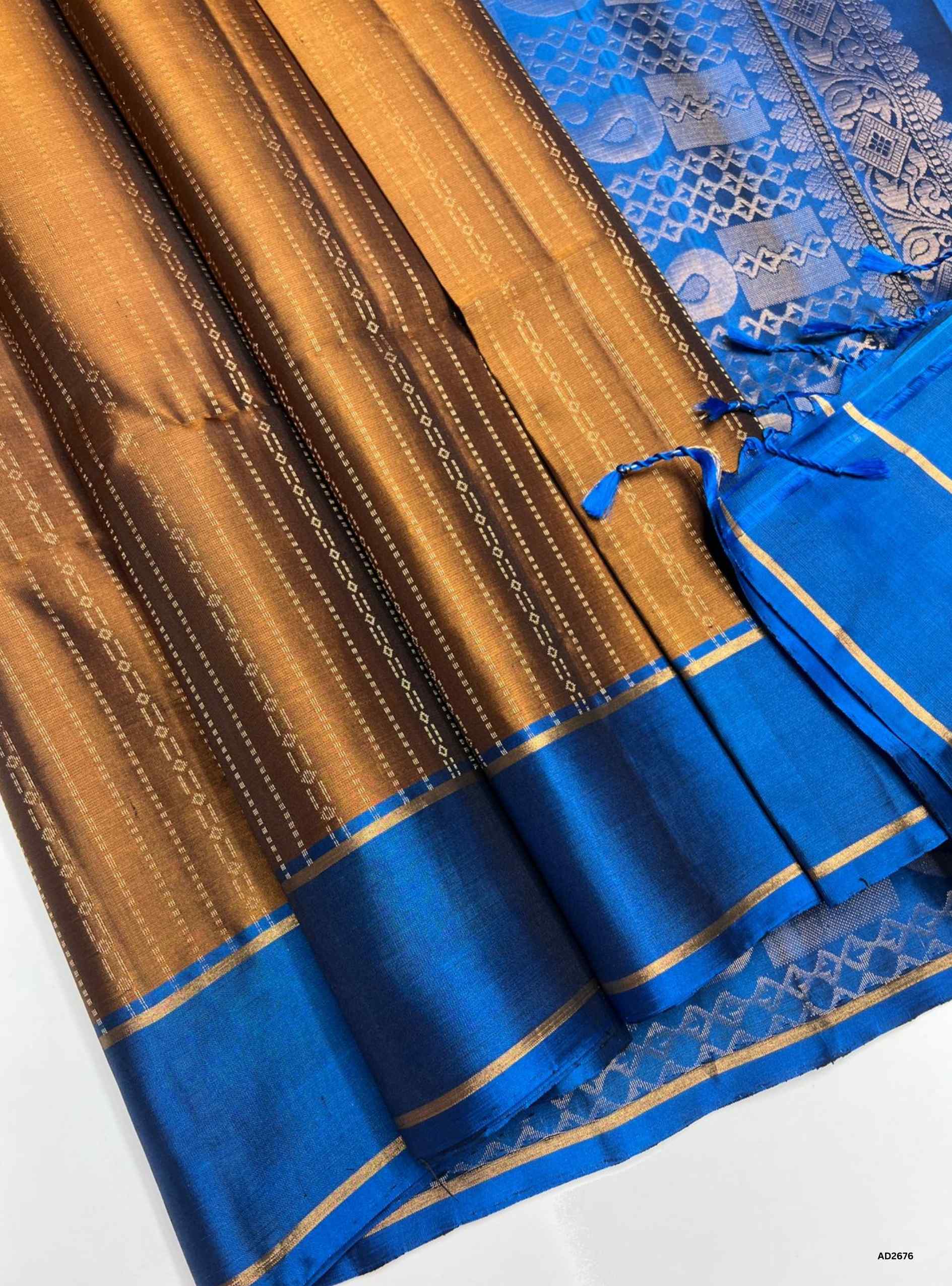Brown & Blue - Soft Silk Saree