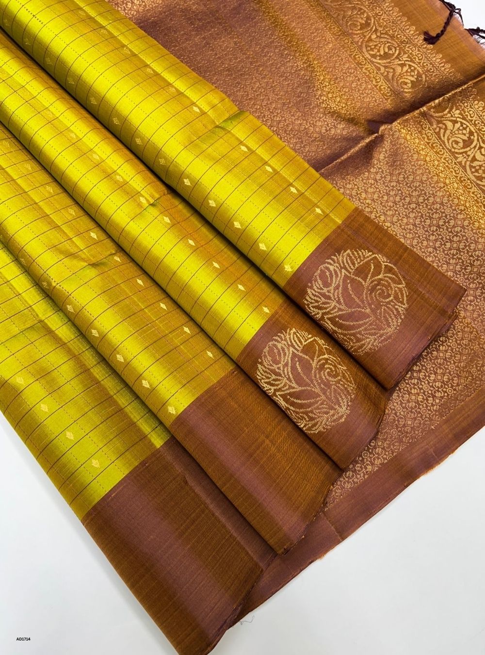 Chartreuse Green & Brown - Soft Silk Saree