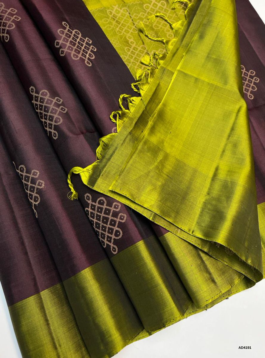 Rosewood Wine & Green - Kolam Soft Silk Saree