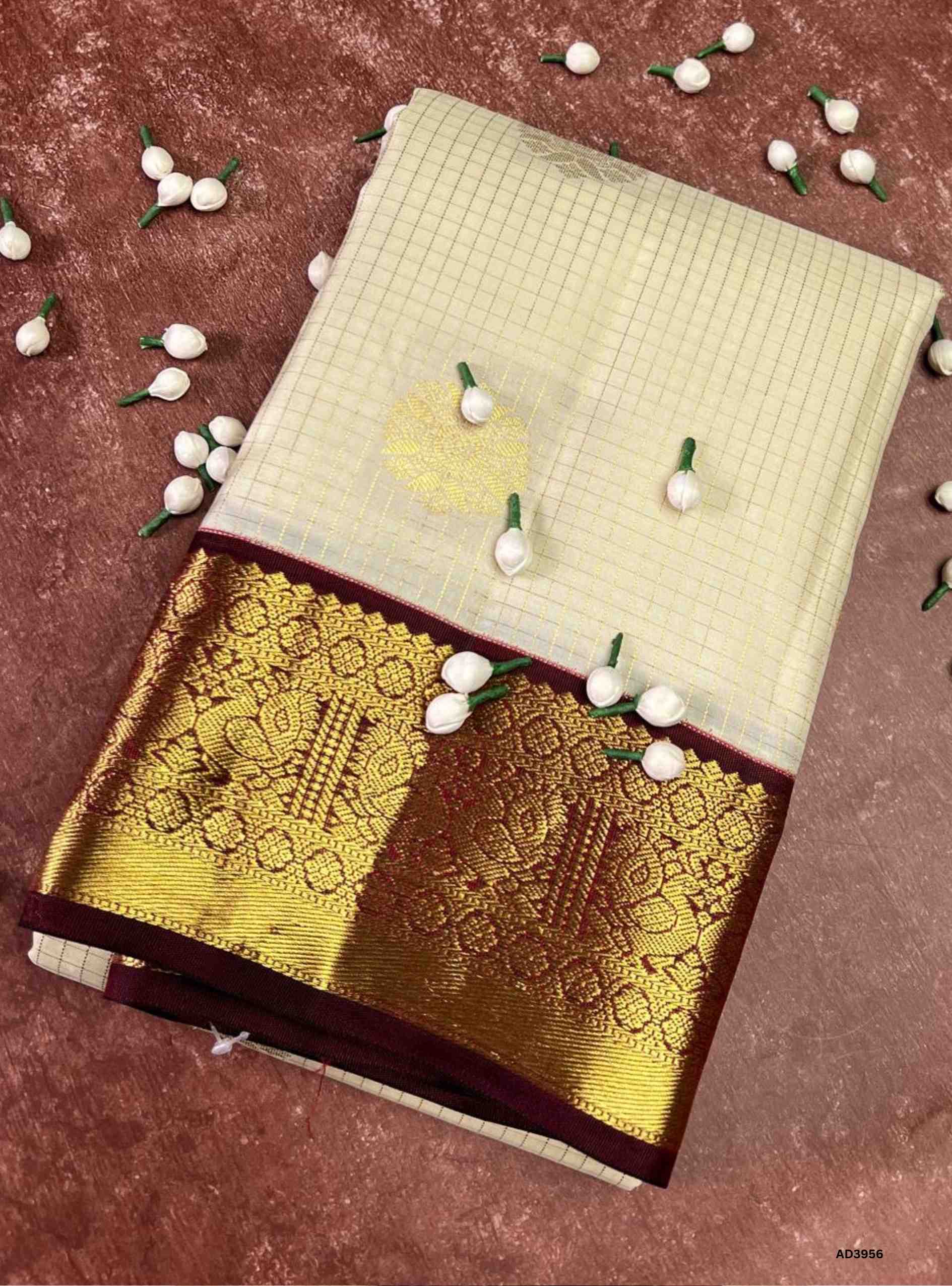 Half White & Maroon - Checkerd Kanjeevaram Silk Saree