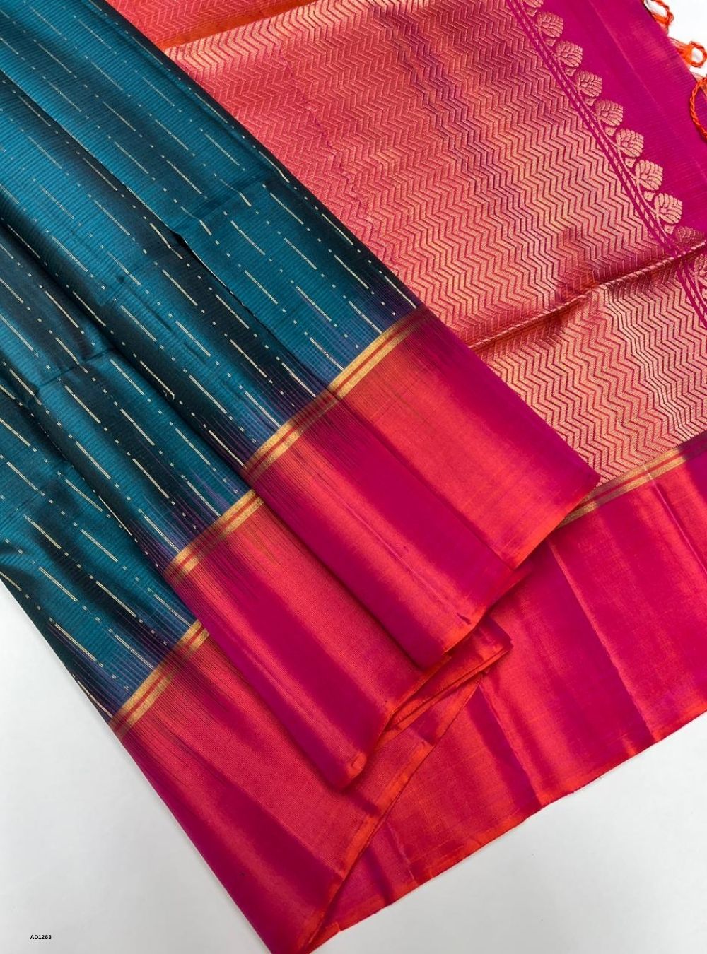 Peacock Green & Orangish Pink -  Soft Silk Saree