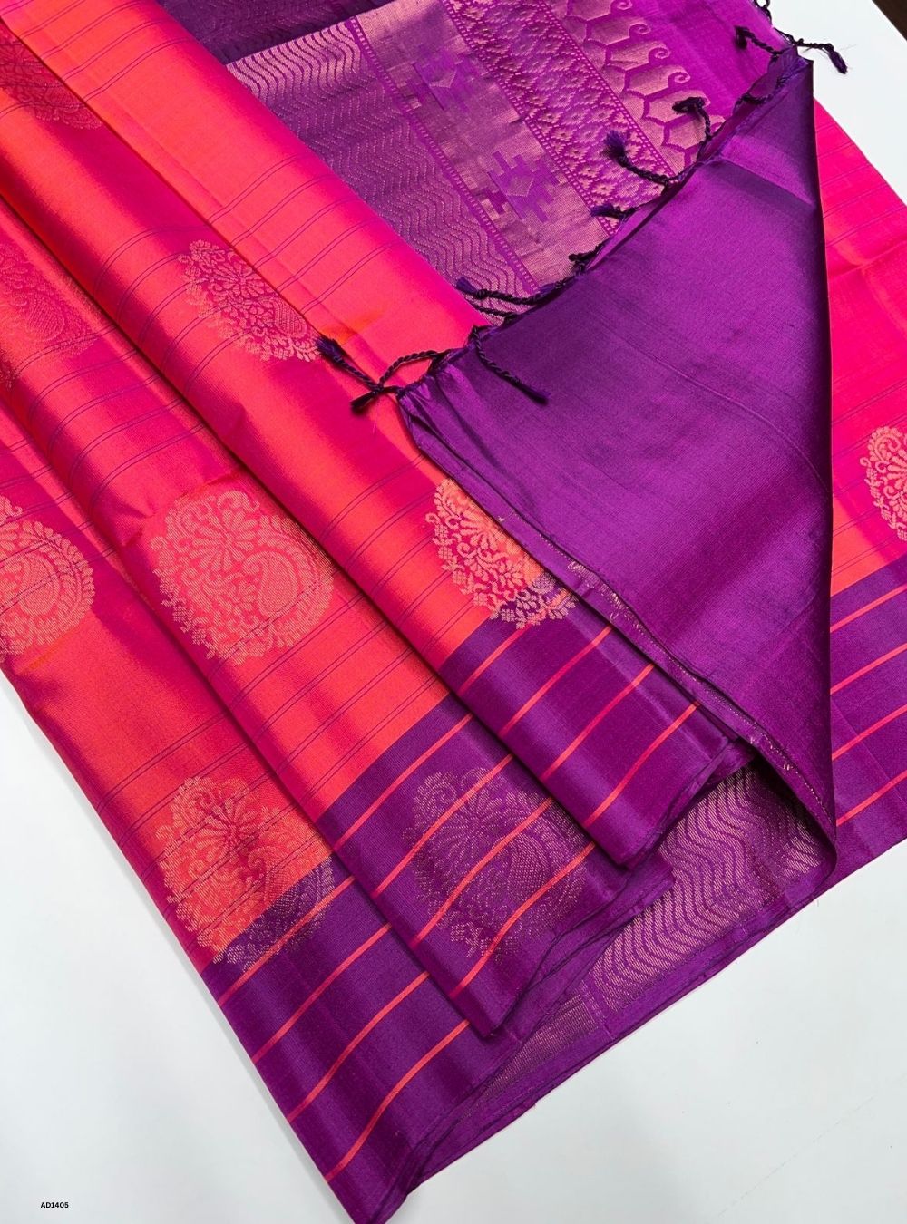 Orangish Pink & Purple - Soft Silk Saree