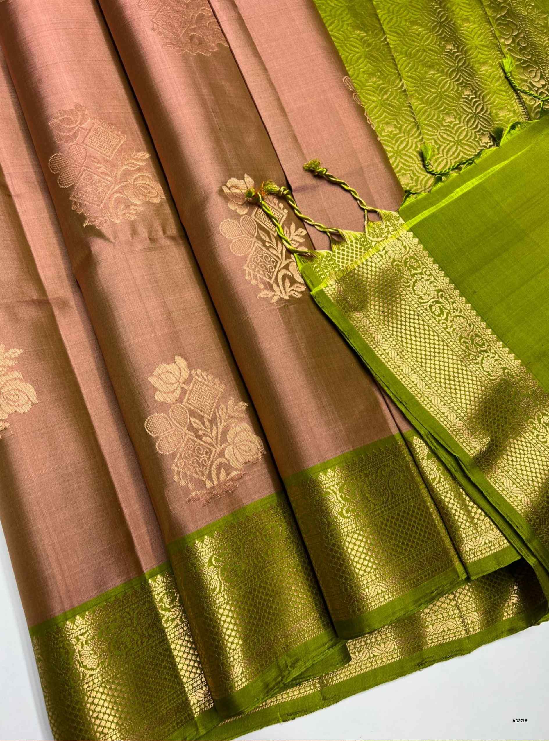 Dusty Peach & Lime Green - Soft Silk Saree