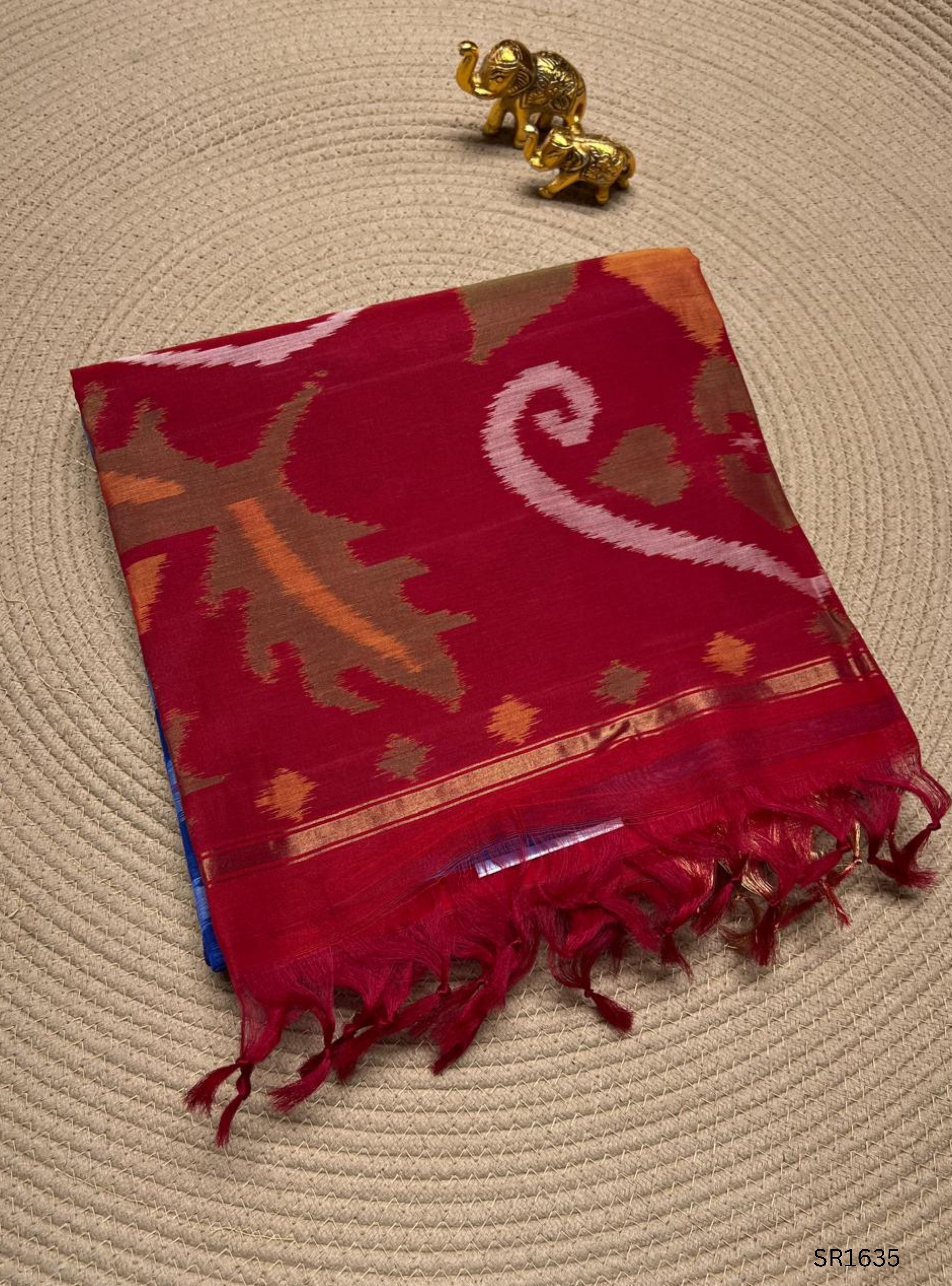Blue , White & Red - Ikkat Kora Cotton Saree