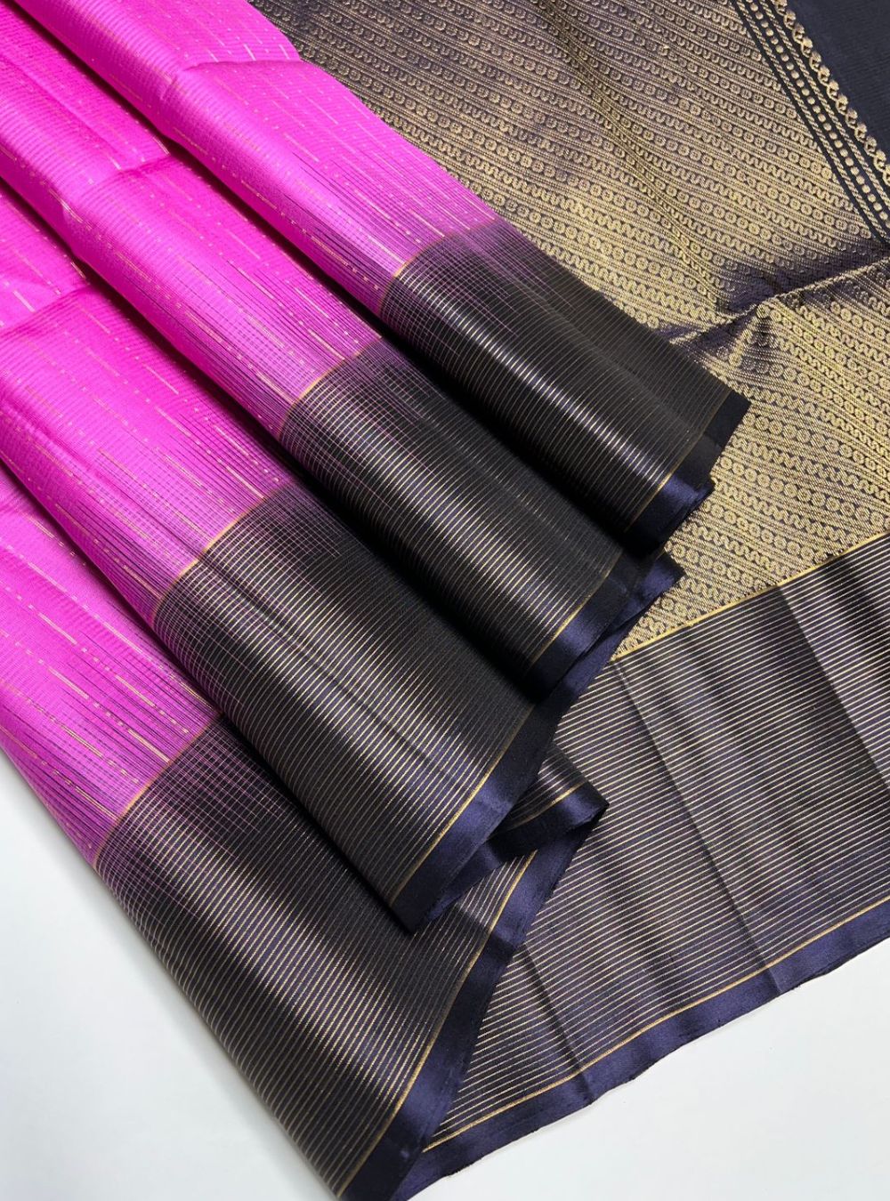 Rose Milk Pink & Navy - Soft Silk Saree