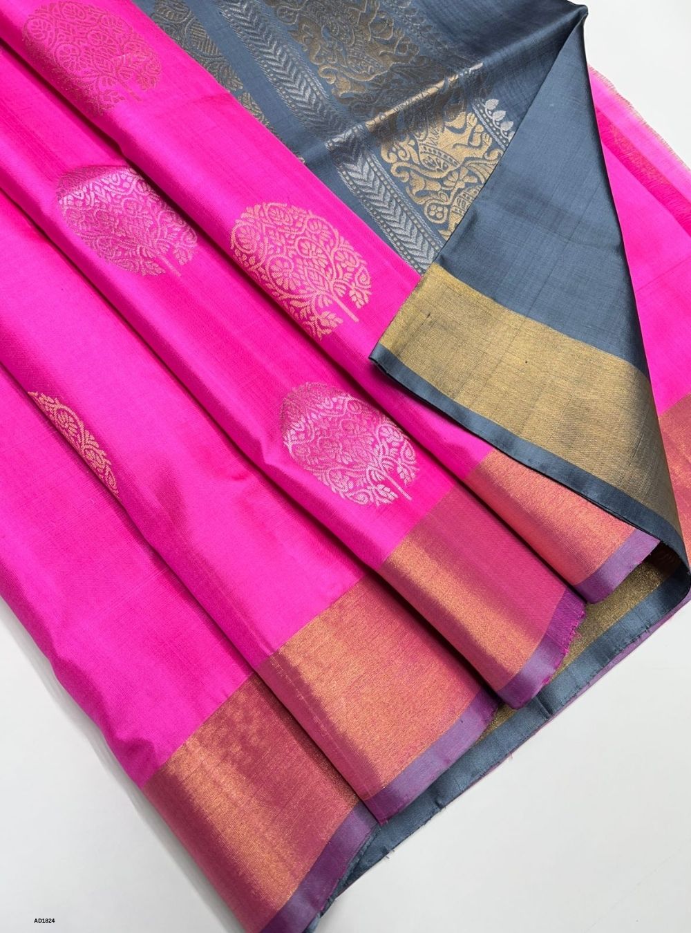 Candy Pink & Grey -  Soft Silk Saree