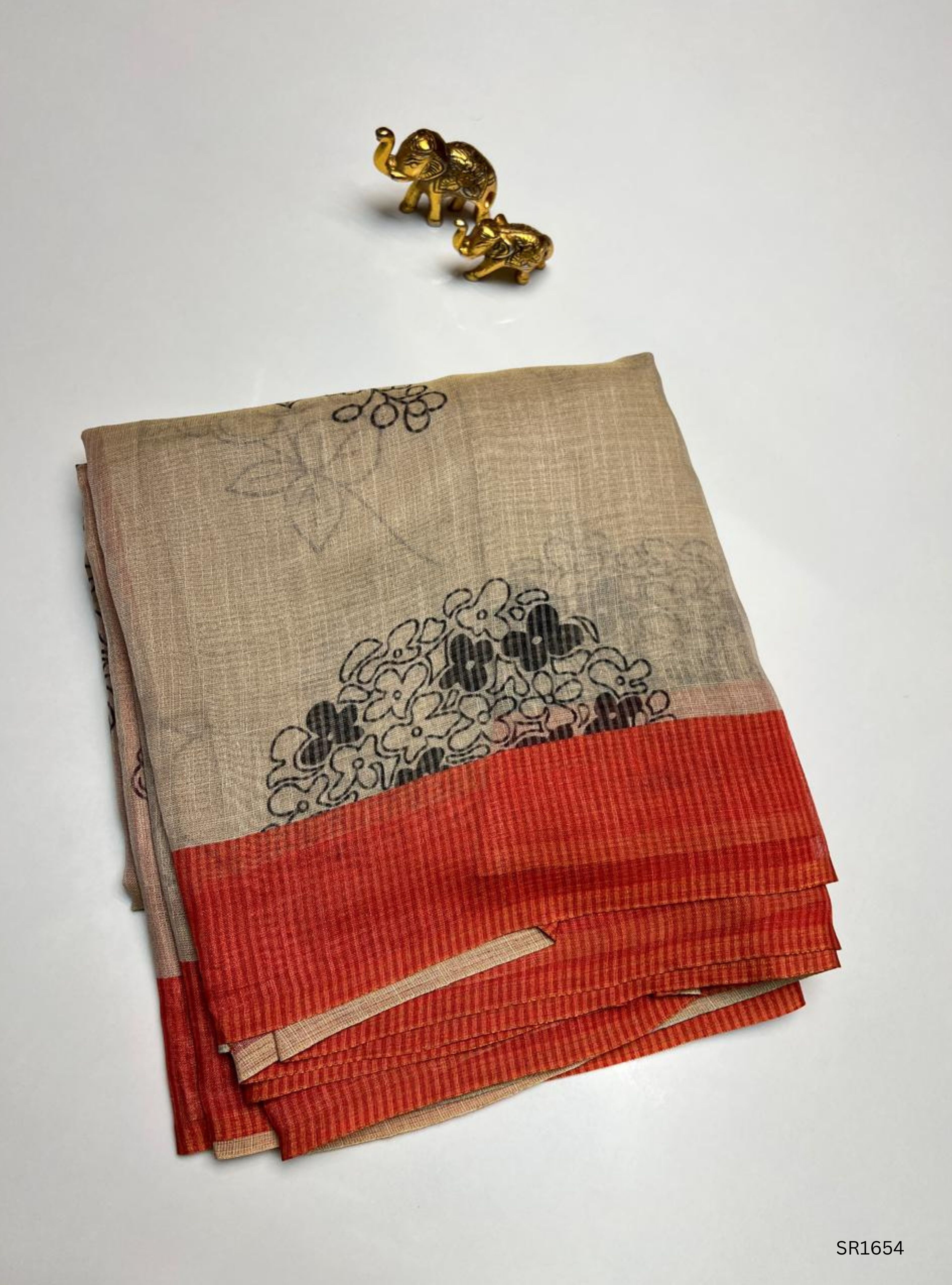 Cream & Orange - Linen  Saree