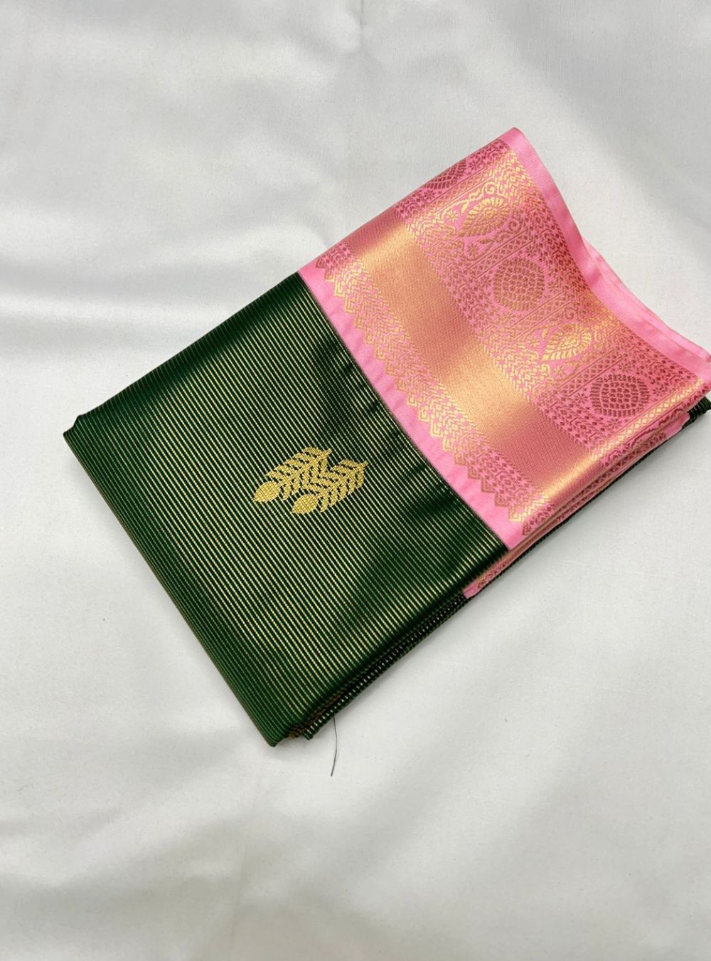 Dark Green & Baby Pink - Vegan Silk Saree