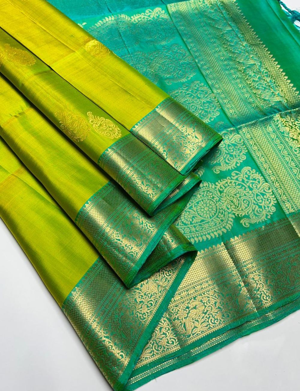 Lime Green & Seafoam Green - Soft Silk Saree