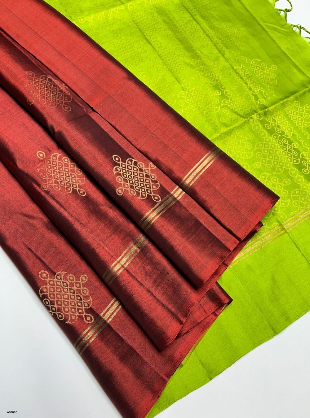Brick Brown & Light Green - Soft Silk Saree
