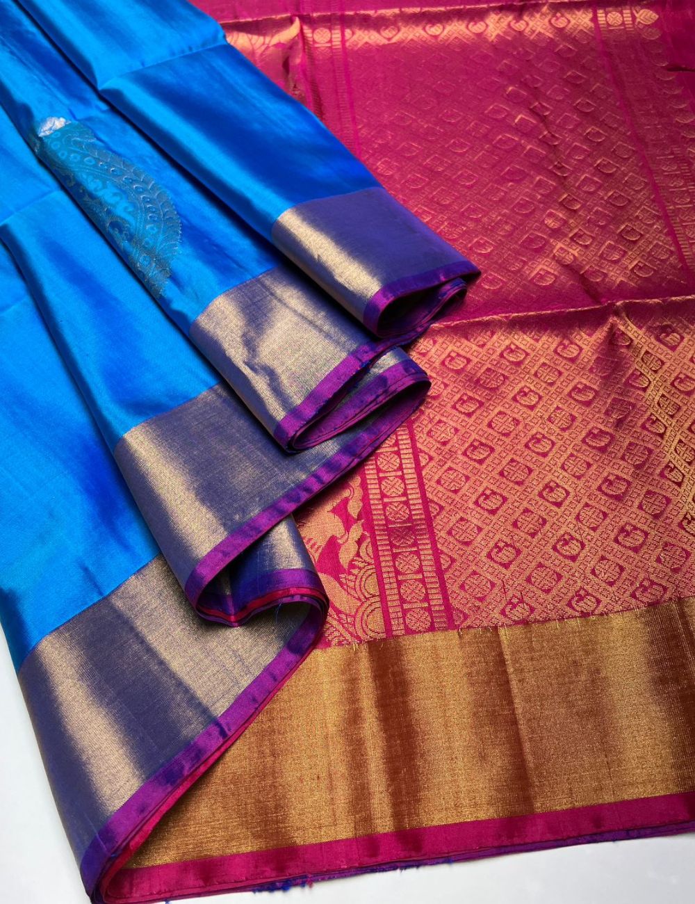 Blue & Pink - Soft Silk Saree