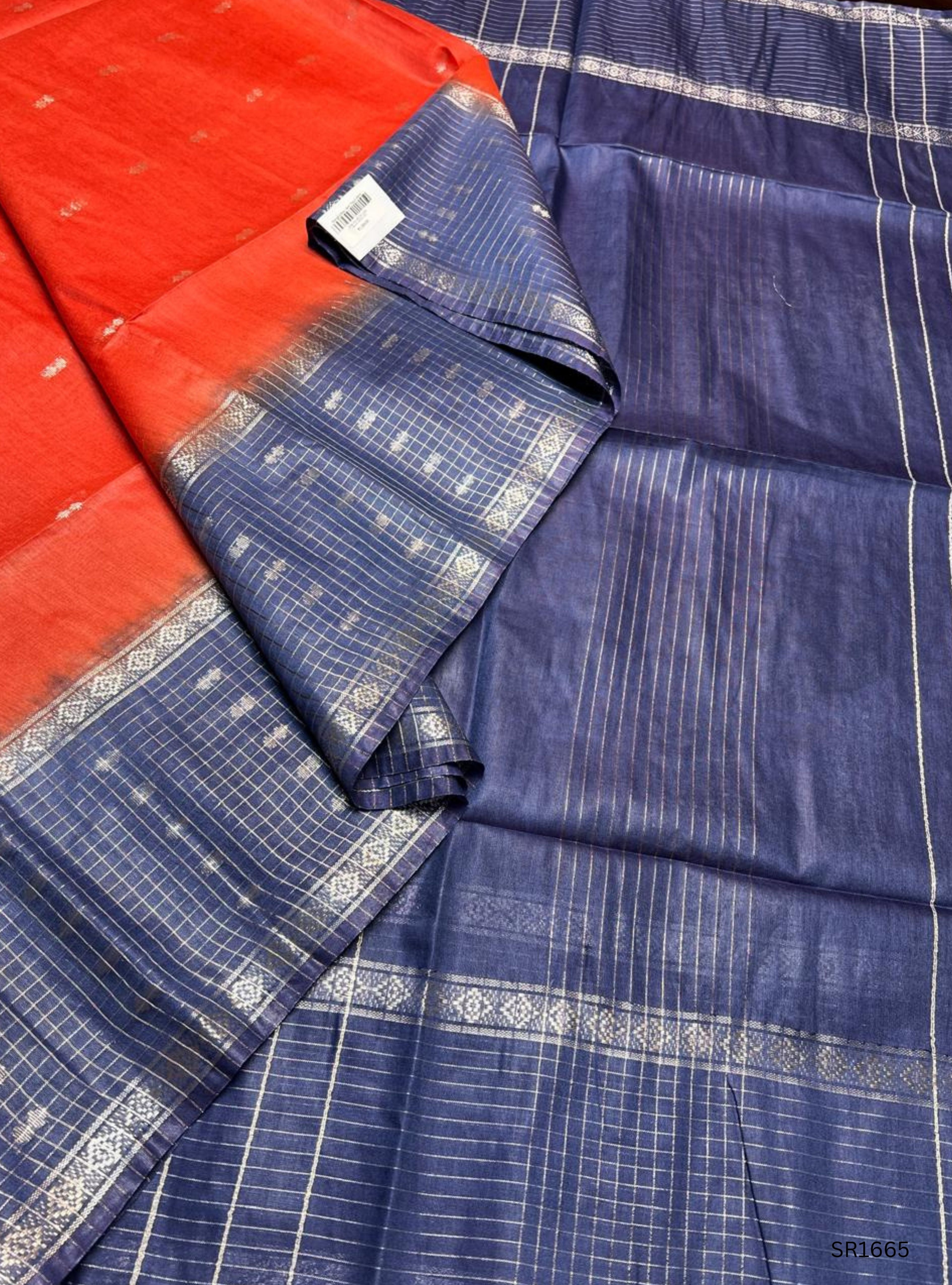 Orange & Grey - Semi Tissue Saree
