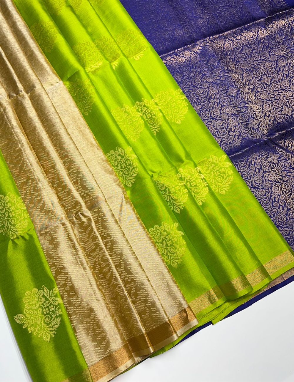 Parrot Green & Blue  - Soft Silk Saree