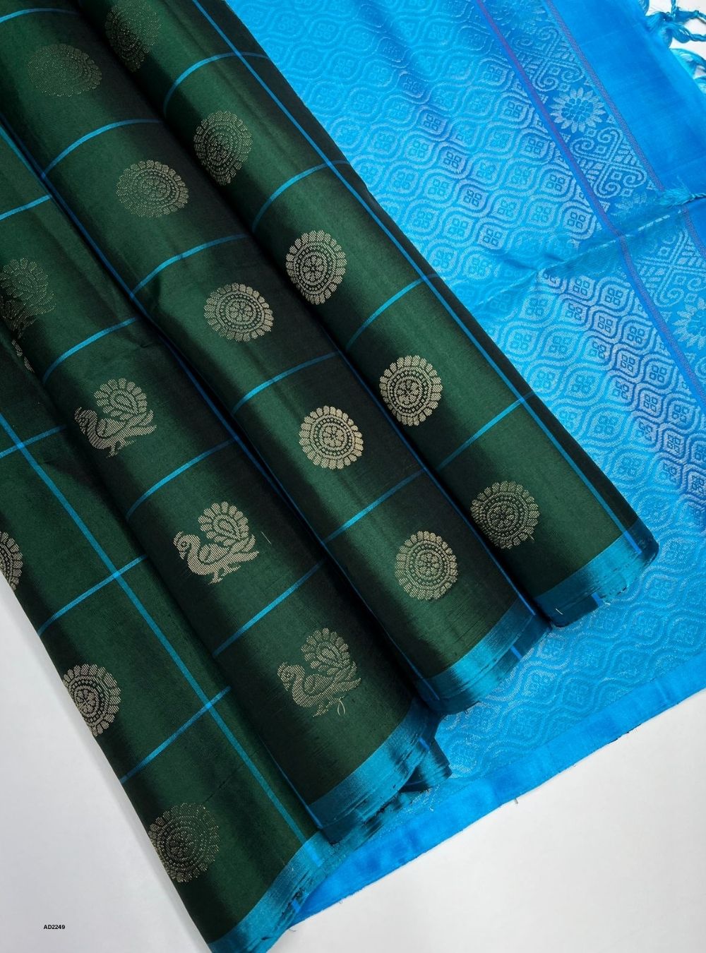 Bottle Green & Sky Blue - Soft Silk Saree