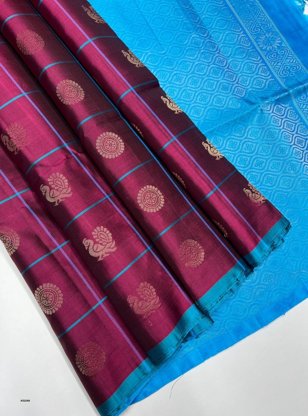 Wine & Sky Blue - Soft Silk Saree