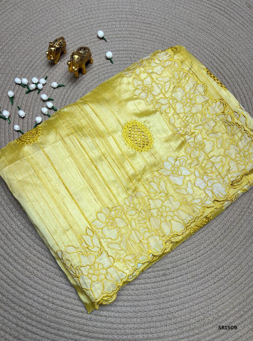 Yellow - Semi Tussar Applique Cut Work Saree