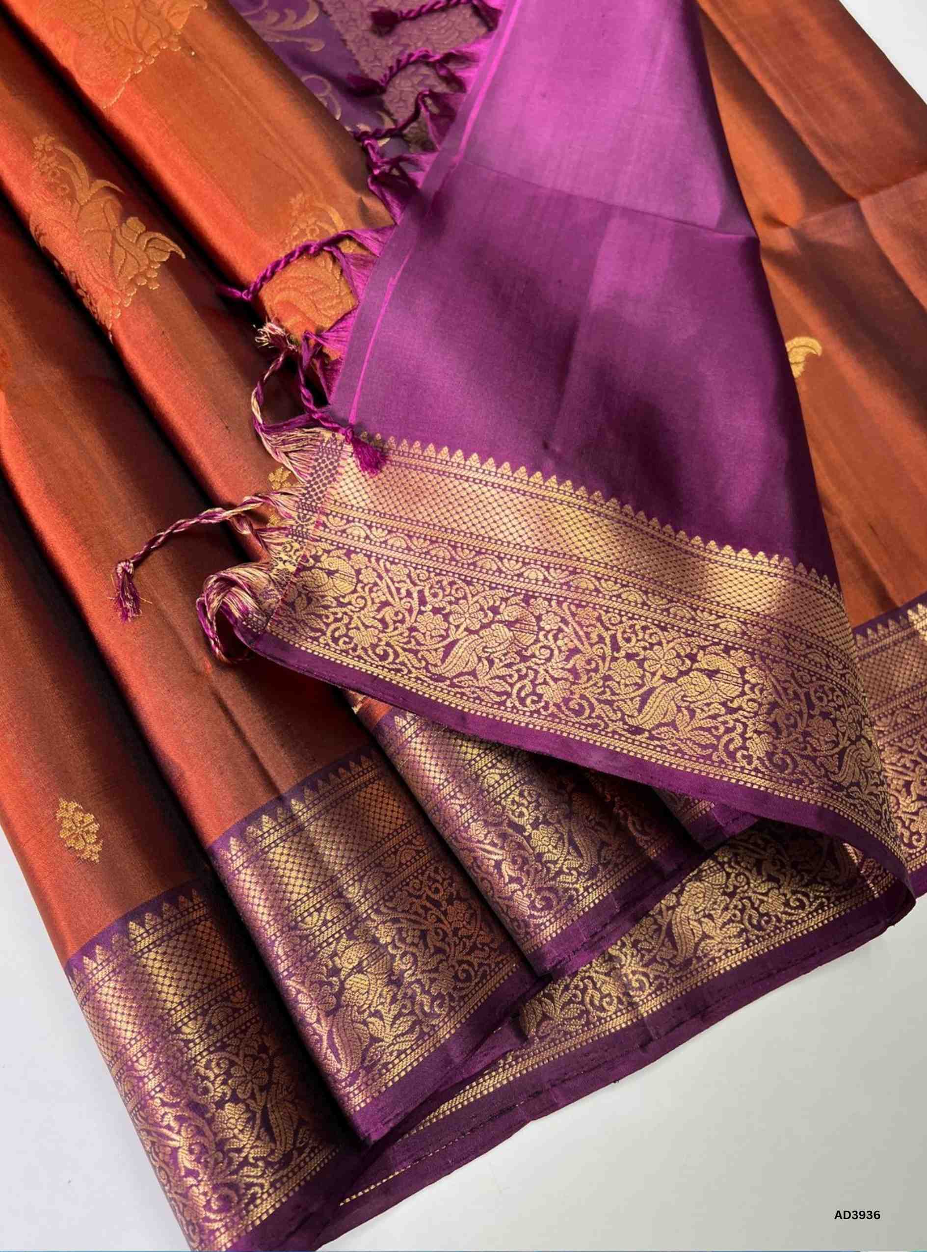 Golden Brown & Plum - Kanchi Border Soft Silk Saree